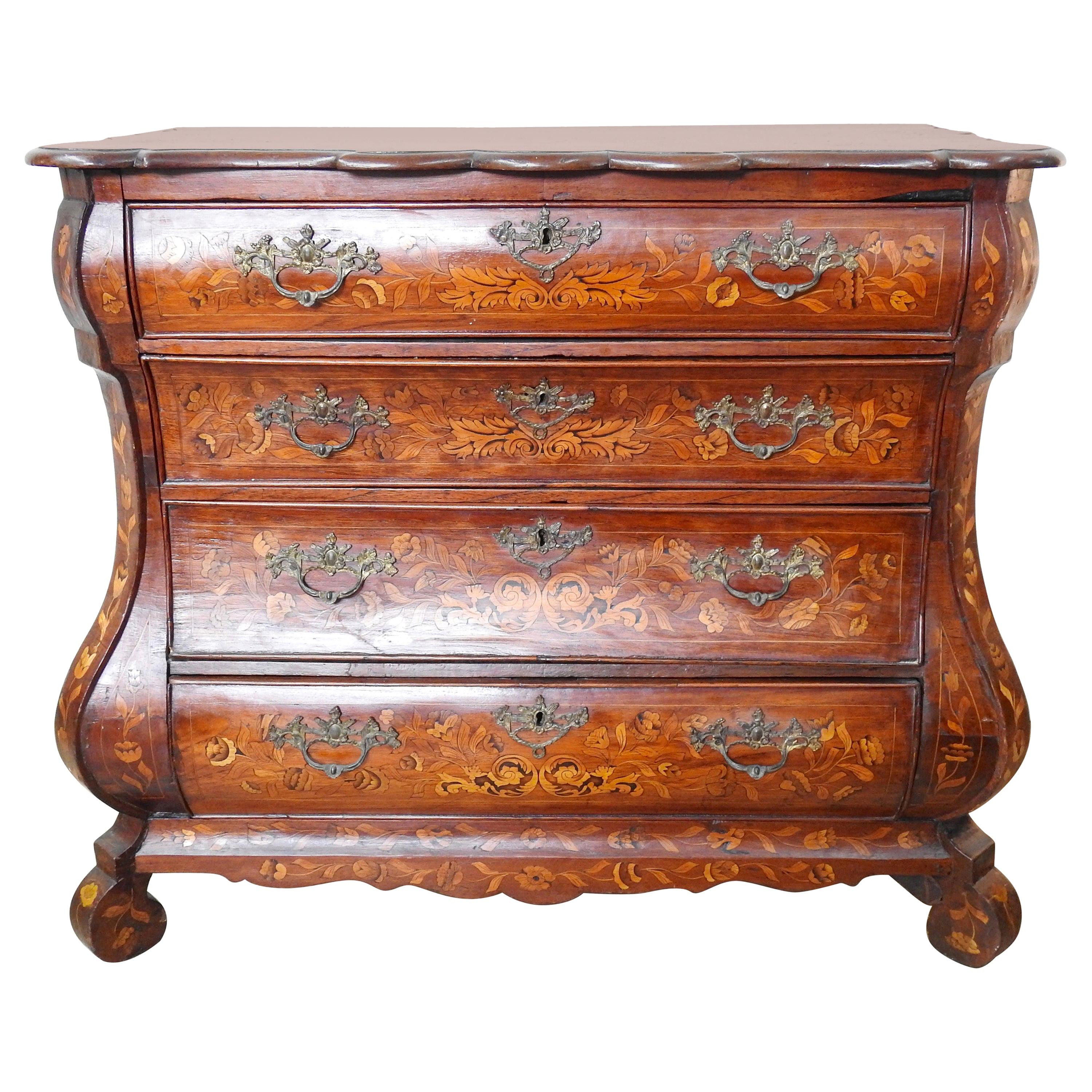 Dutch Walnut and Marquetry Bombé-front Commode, Mid-18th Century For Sale