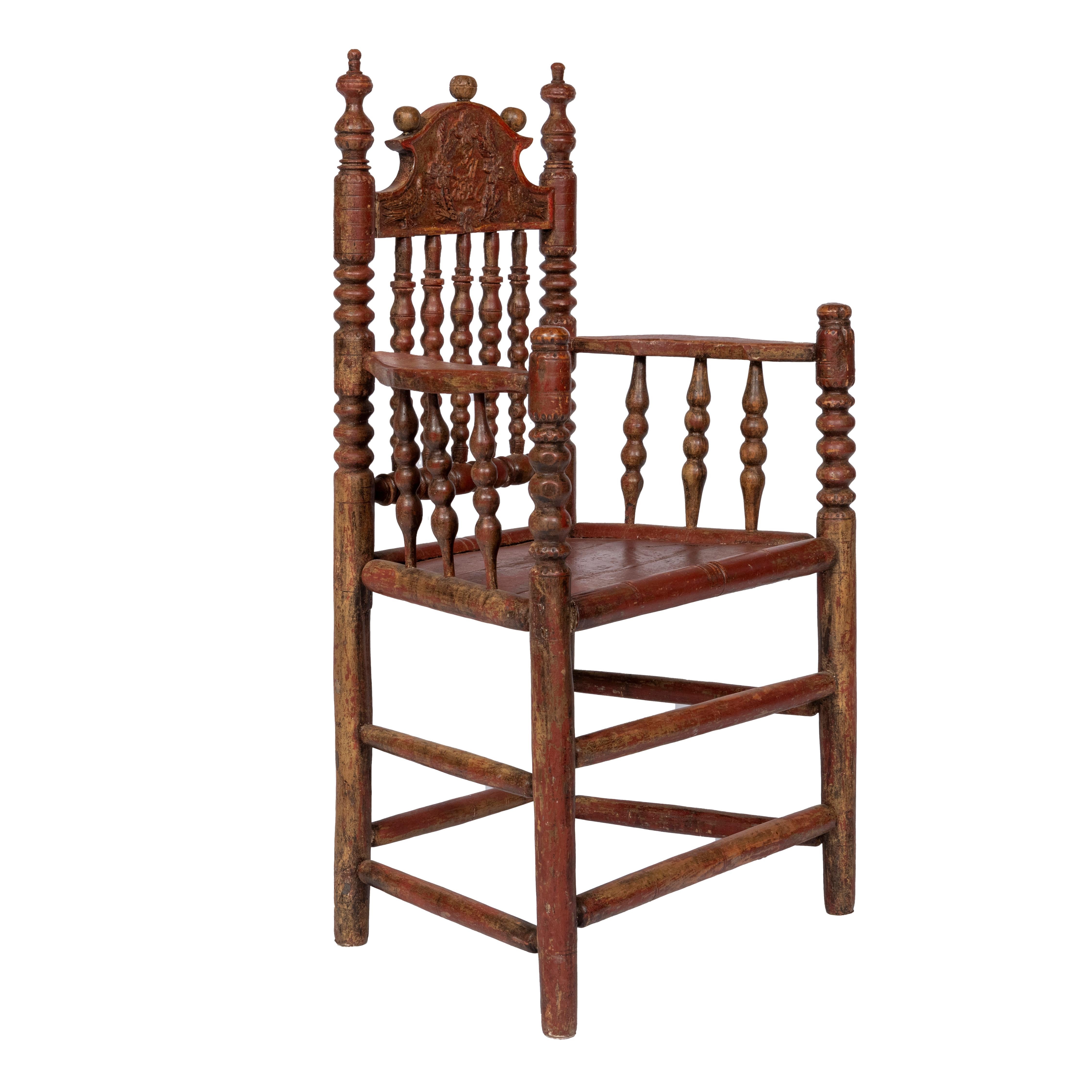 Ein niederländischer Folk Art Turners Armchair aus Friesland.

Eiche - in der ursprünglichen dunkelroten/rosa Farbe.

Wunderschöne Patina.

Klöppeln

Obere Leiste mit geschnitzten Blumenranken beiderseits der Jahreszahl 