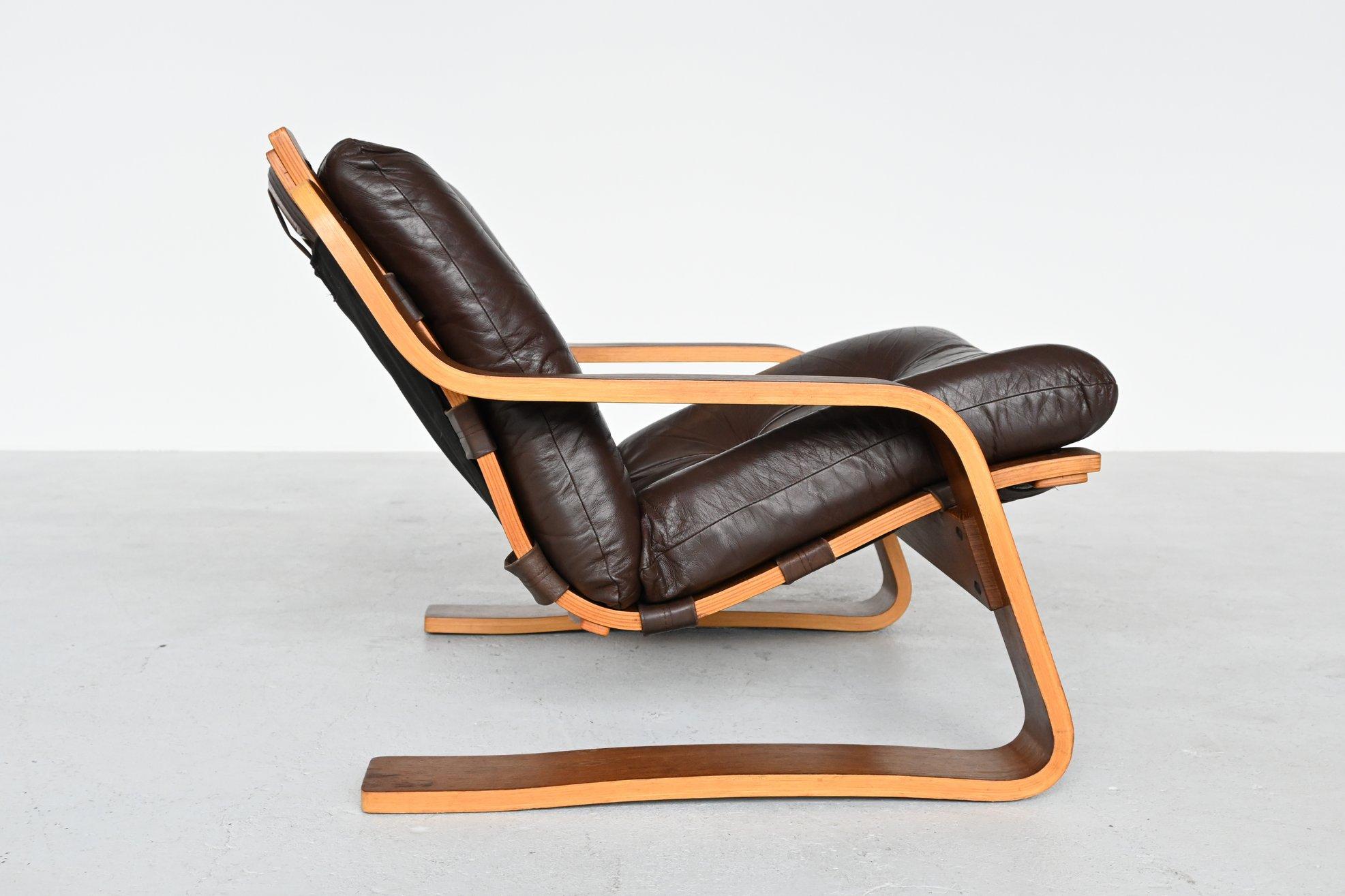 Leather Dutch Wenge Plywood Lounge Chair, the Netherlands, 1960