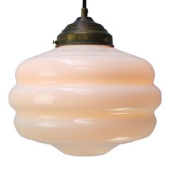 Dutch White Reeded Opaline and Brass Pendant Lights