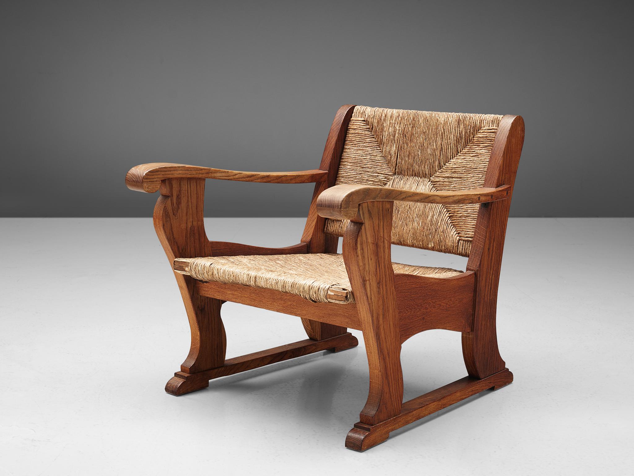 20th Century Dutch Wicker Armchair in Cane and Oak