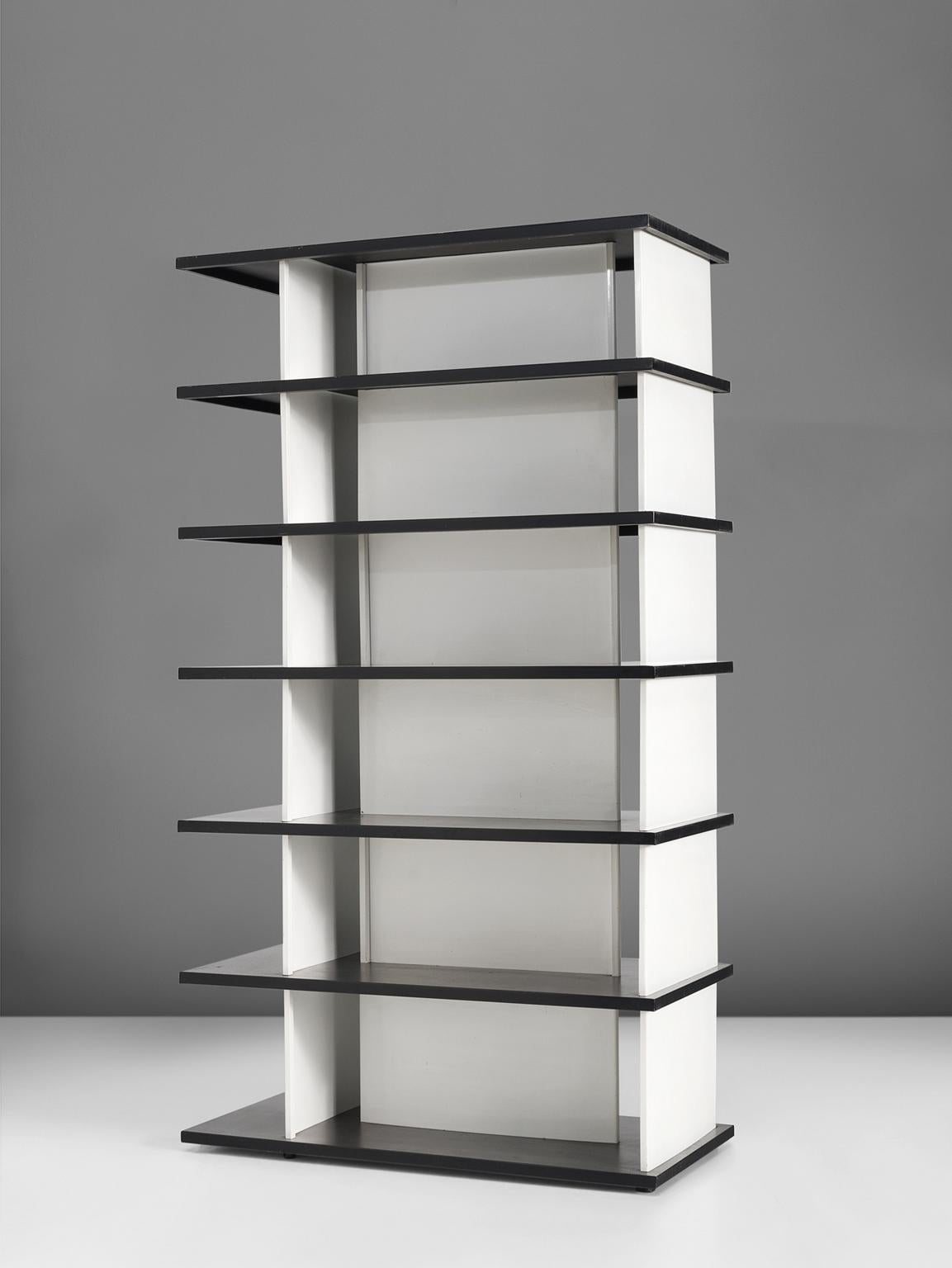 Wim Rietveld, bookcase, enameled metal, the Netherlands, 1960.

This self supporting bookcase was originally made for 'De Bijenkorf', a Dutch high end department store in 1960. The piece consists of seven black enameled shelves and can be used on