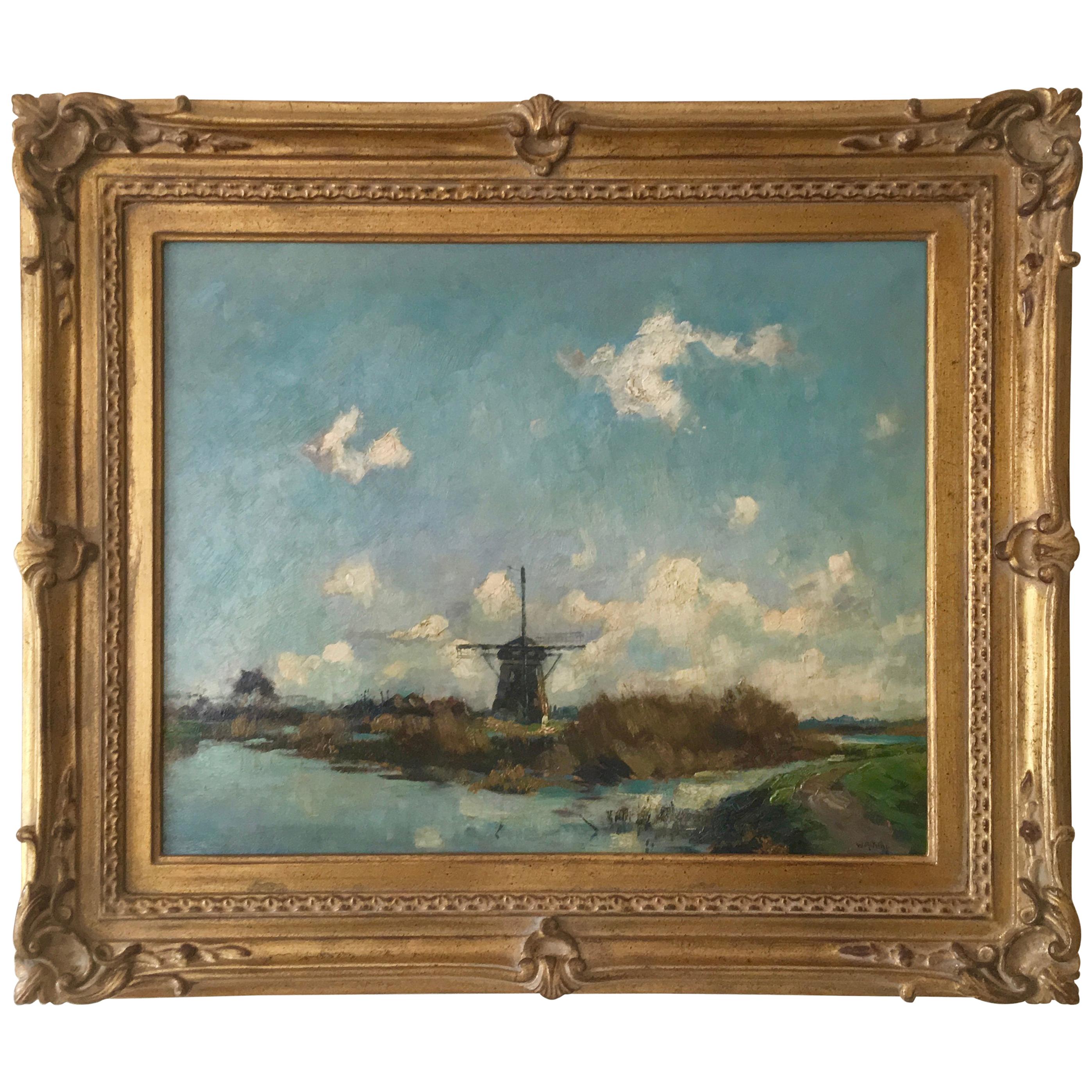 Dutch wind mill, Antique Dutch Painting, Alexander Knip 1883-1967 For Sale