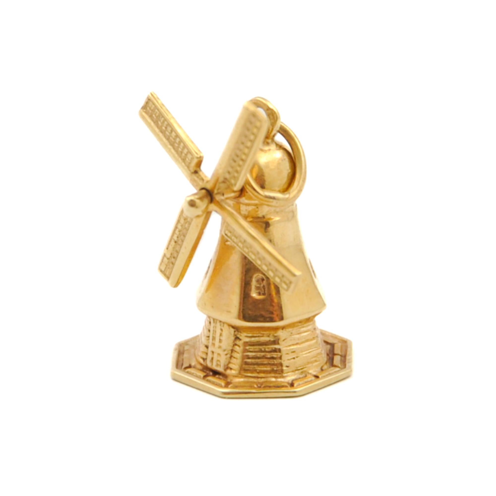 Women's or Men's Three-Dimensional Holland Windmill 14 Karat Gold Charm Pendant For Sale