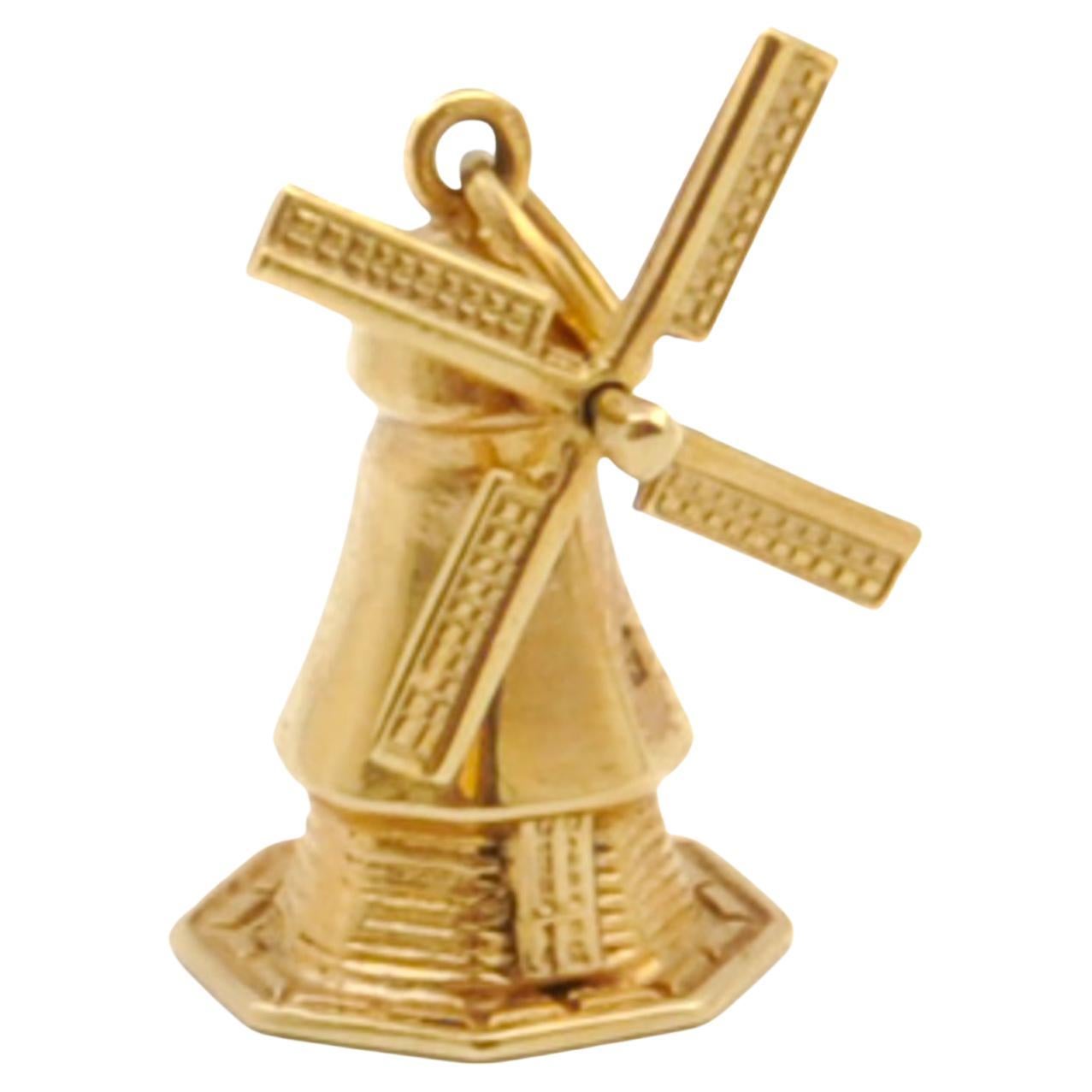 Pendentif en or 14 carats avec breloque en forme de moulin à vent hollandais tridimensionnel