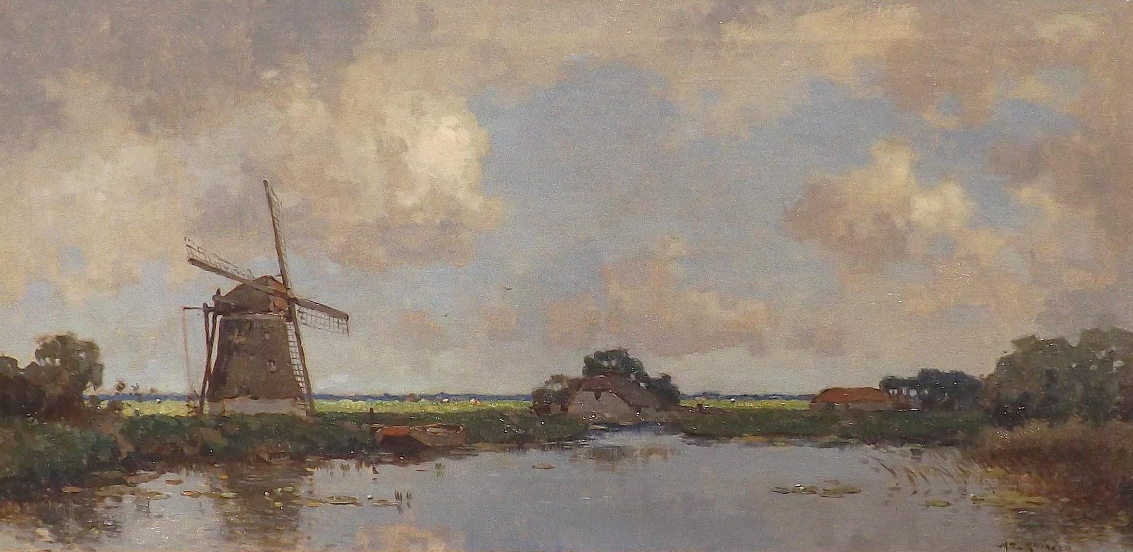 A magnificent painting of a Dutch or Flemish windmill near a farm by listed artist Jan Knikker, Sr. An idyllic scene of The Netherlands, a farm landscape on an overcast day. The sun has cast a heavy shadow on the water while the distant fields are