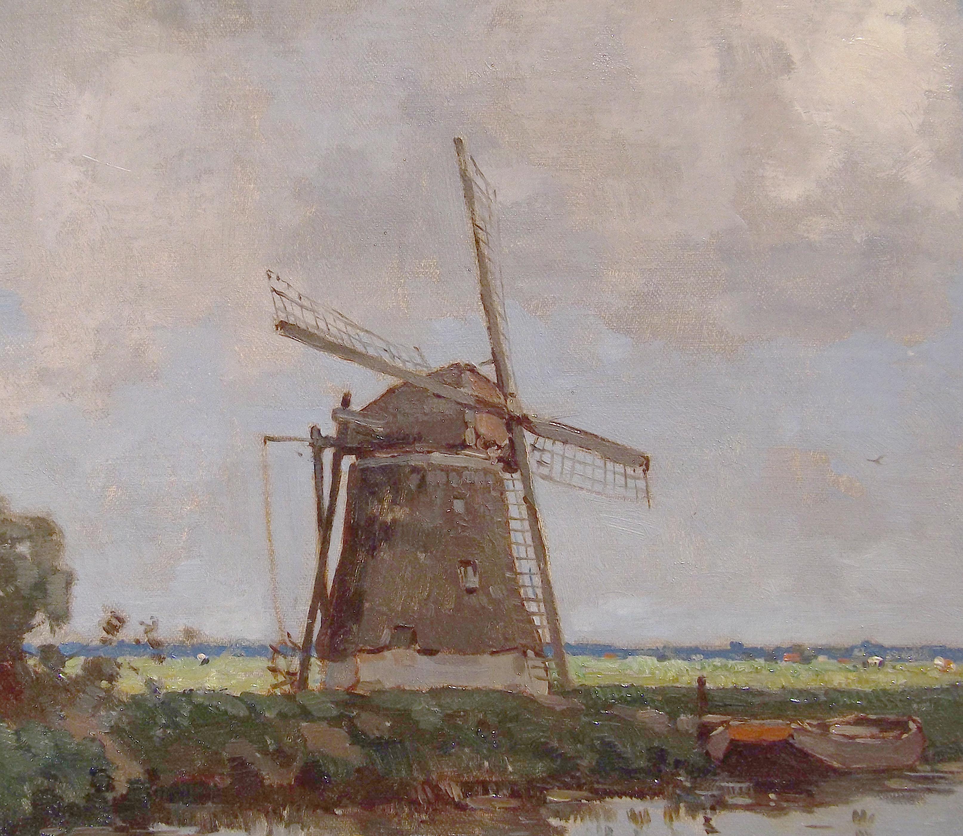 Dutch Windmill Near a Farm, Painting by Jan Knikker, Sr In Good Condition For Sale In Charlevoix, MI