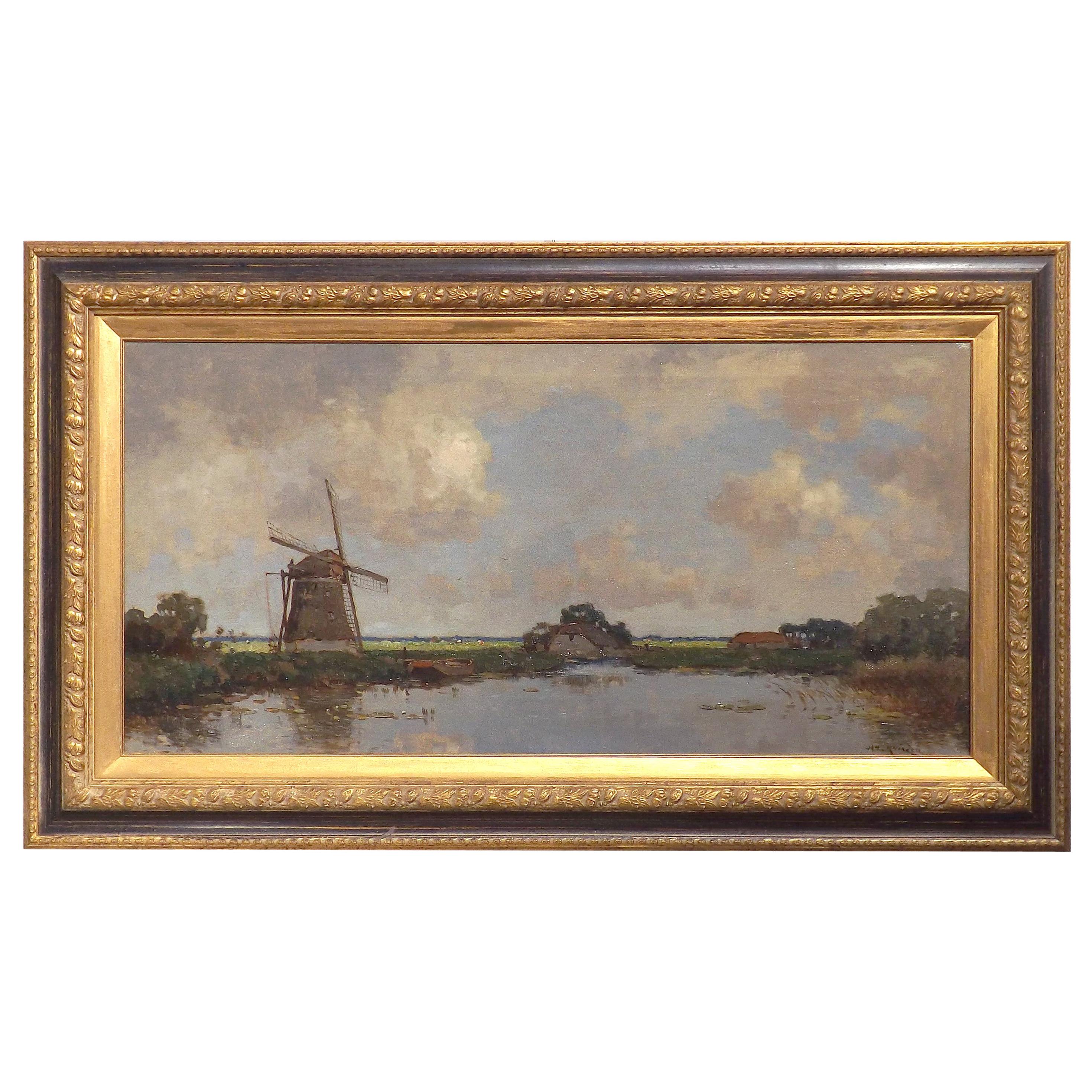 Dutch Windmill Near a Farm, Painting by Jan Knikker, Sr For Sale