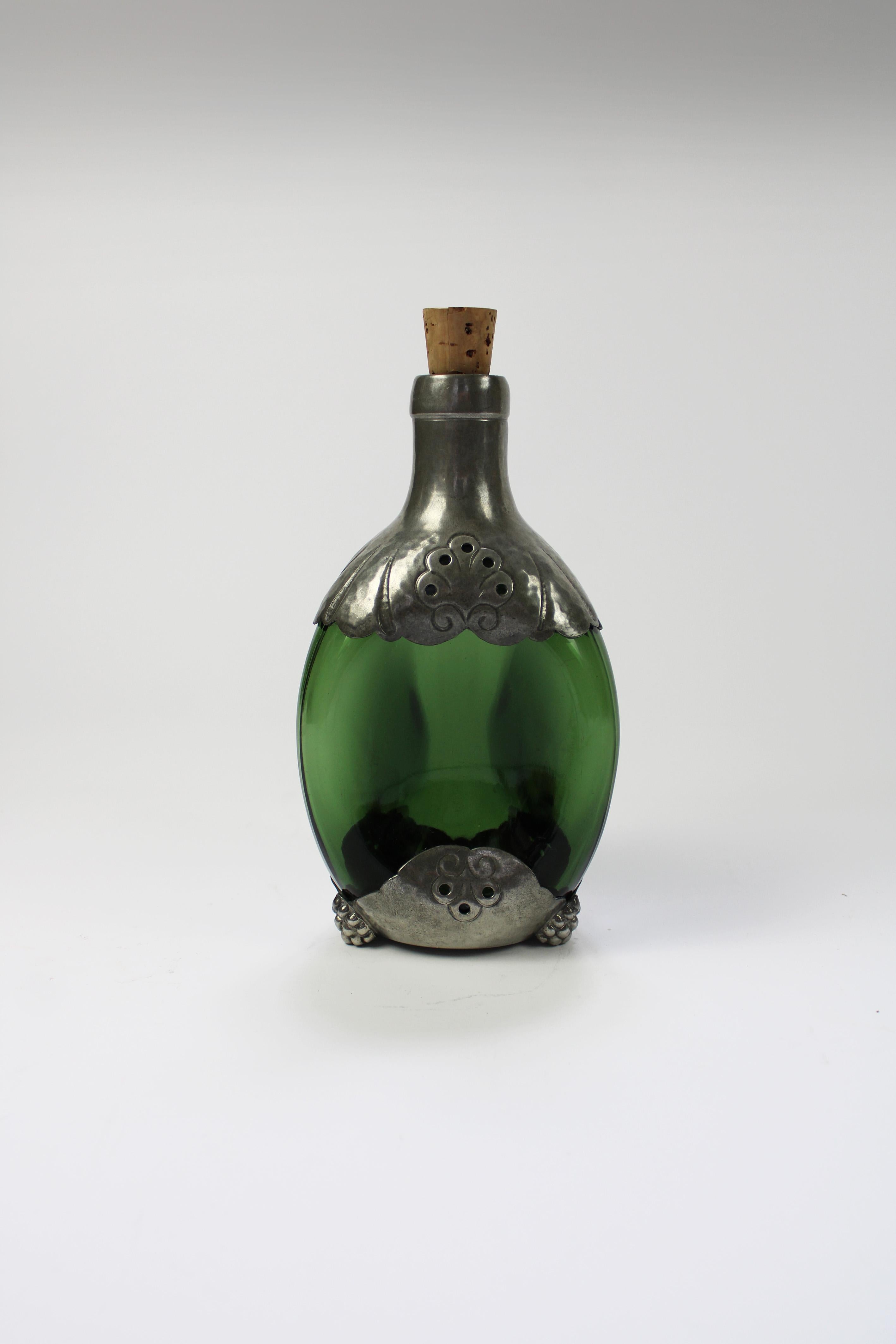 Italian Dutch Wine Carafe Pewter emerald green Glass Gero Art Deco George Nilsson 1930