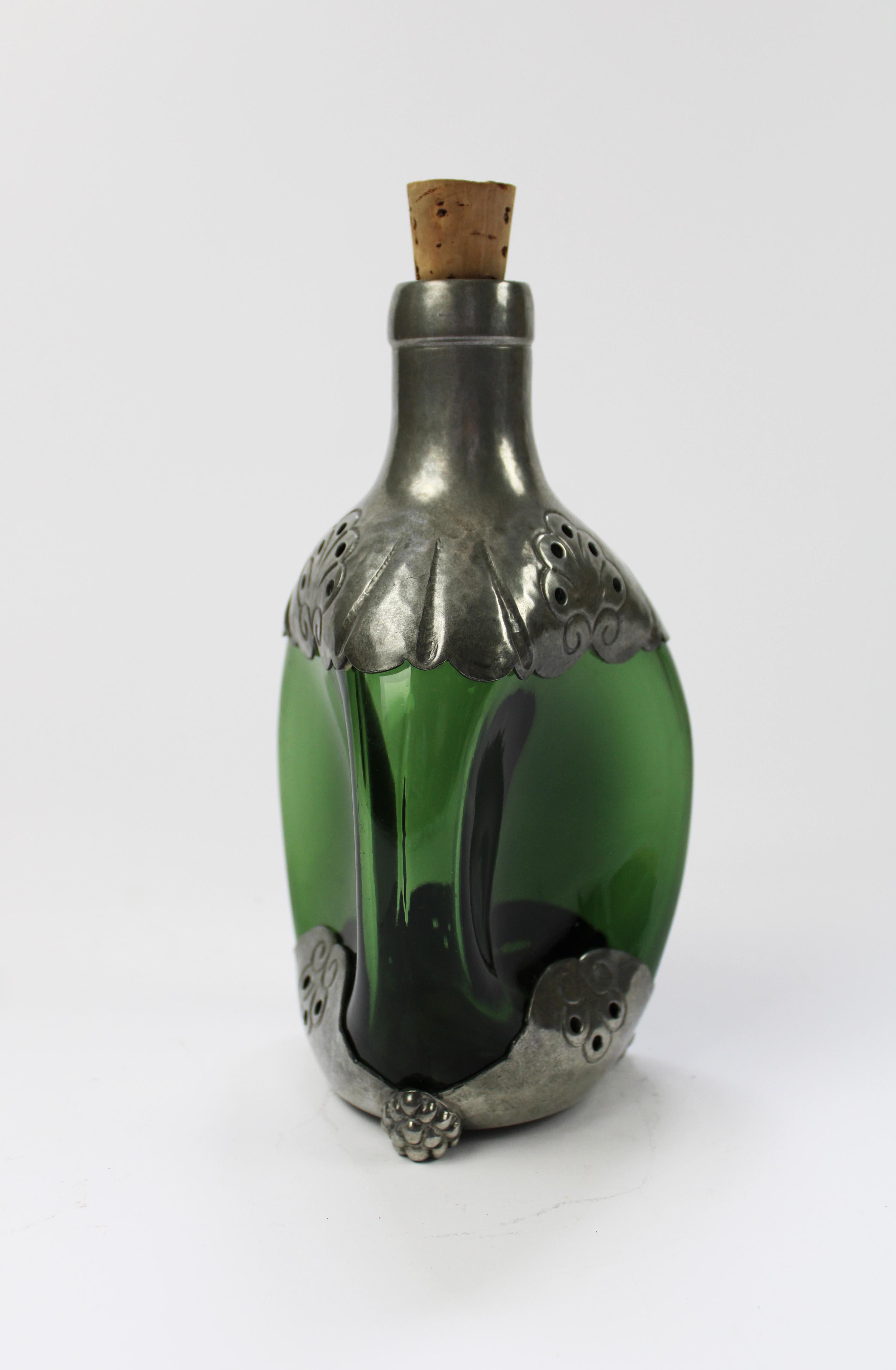Hand-Crafted Dutch Wine Carafe Pewter emerald green Glass Gero Art Deco George Nilsson 1930