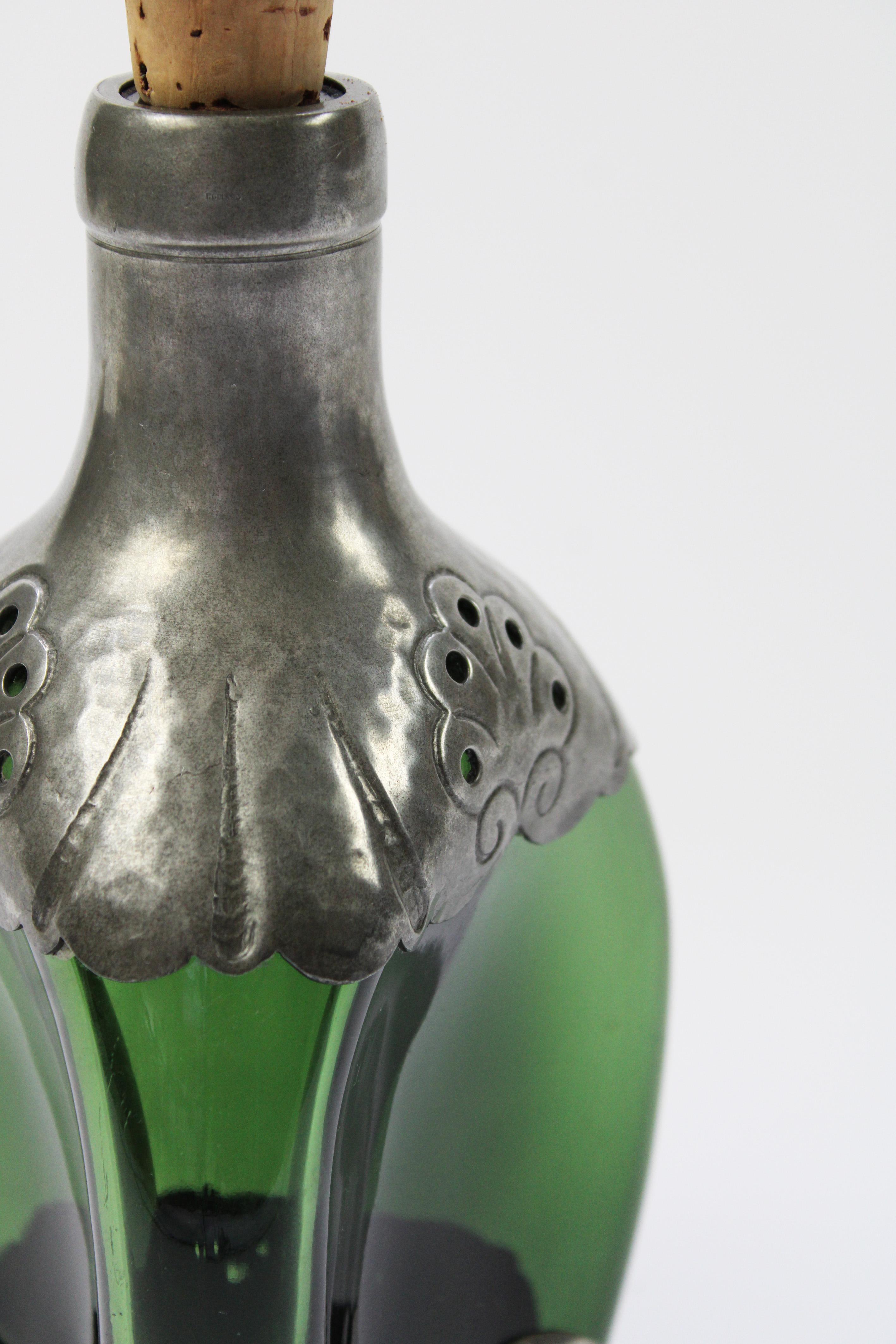 Blown Glass Dutch Wine Carafe Pewter emerald green Glass Gero Art Deco George Nilsson 1930