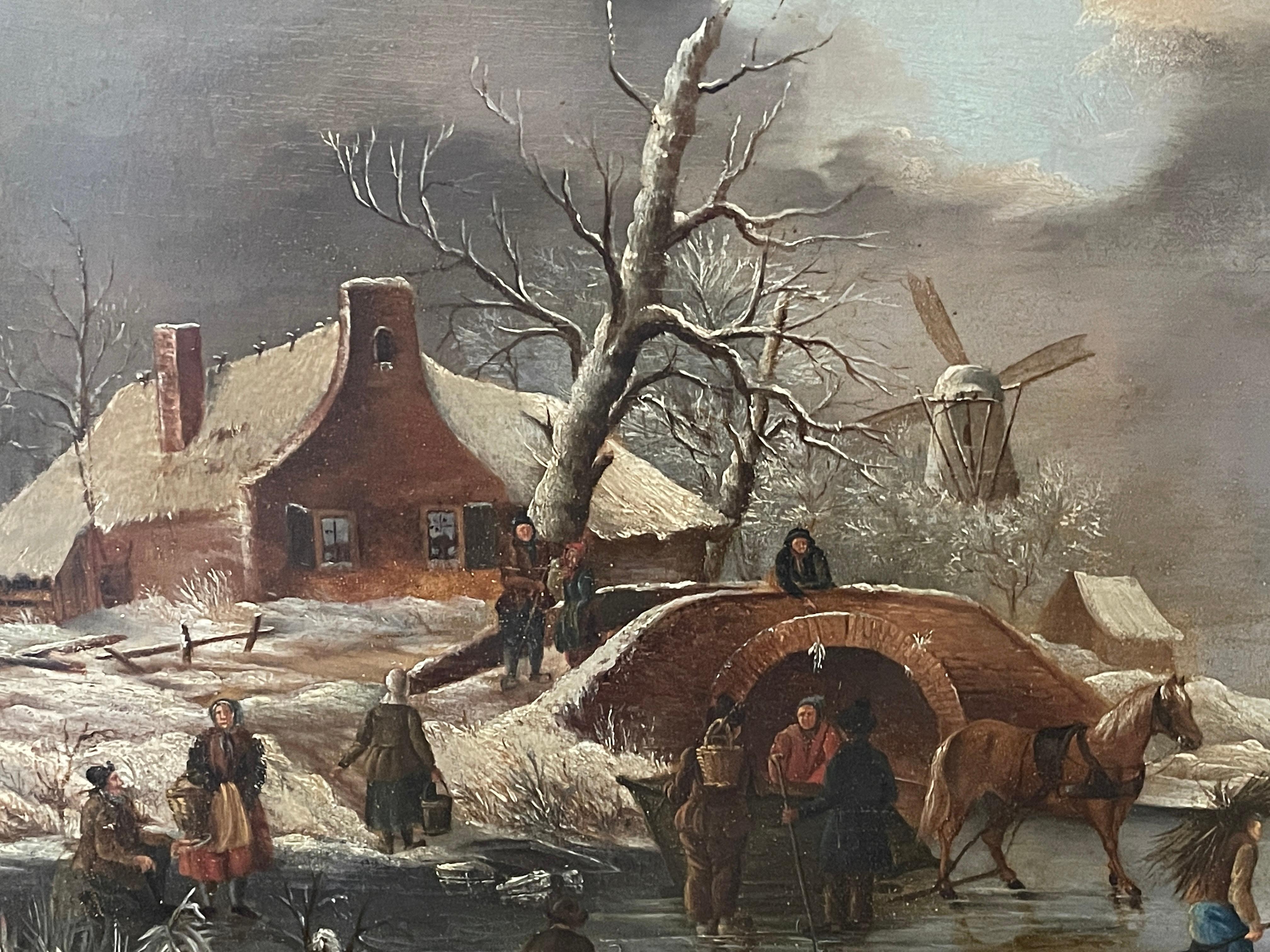 Hand-Painted Dutch Winter Landscape, 19th century For Sale