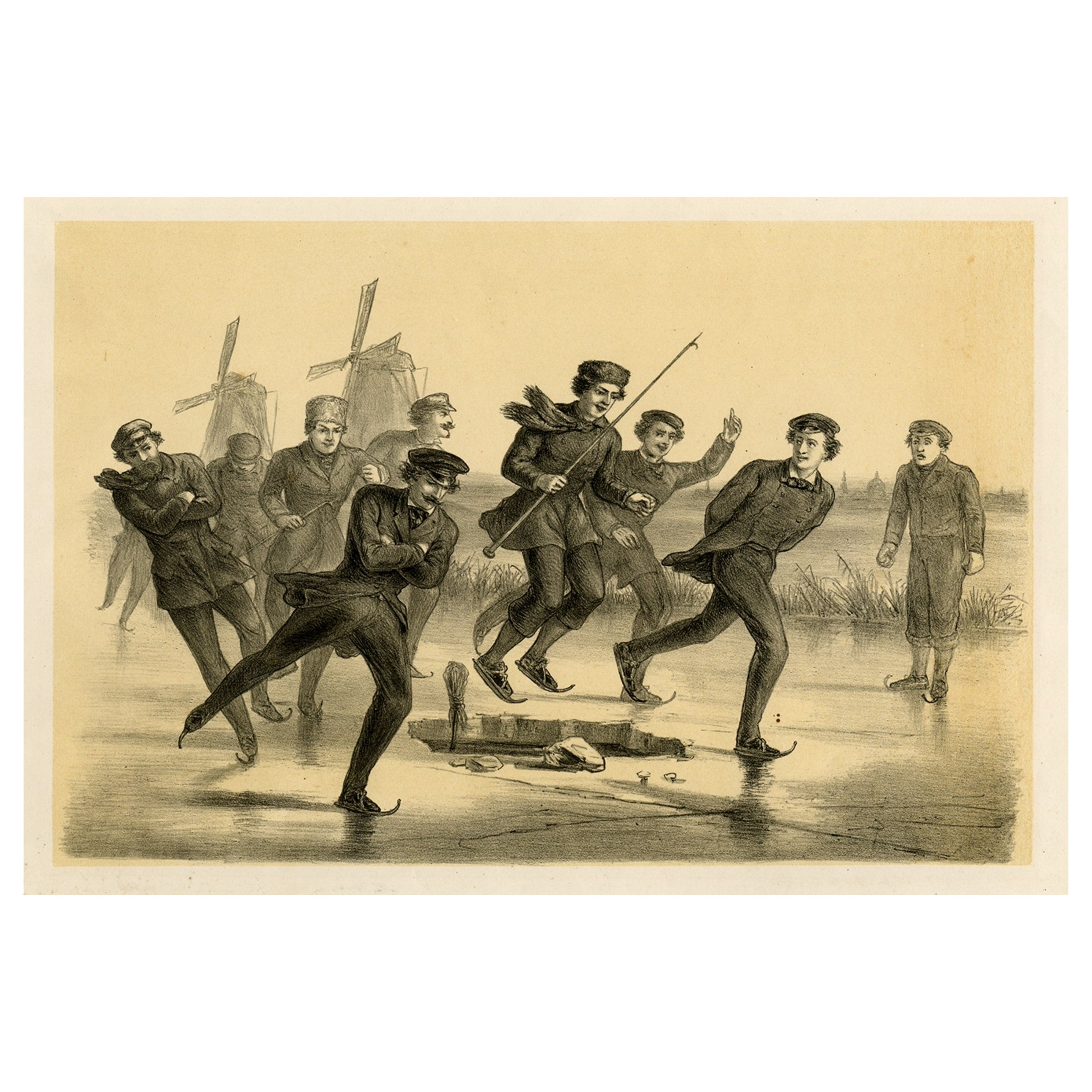 Dutch Winter Landscape with Skaters on the Ice Passing Two Windmills, Ca.1880 For Sale