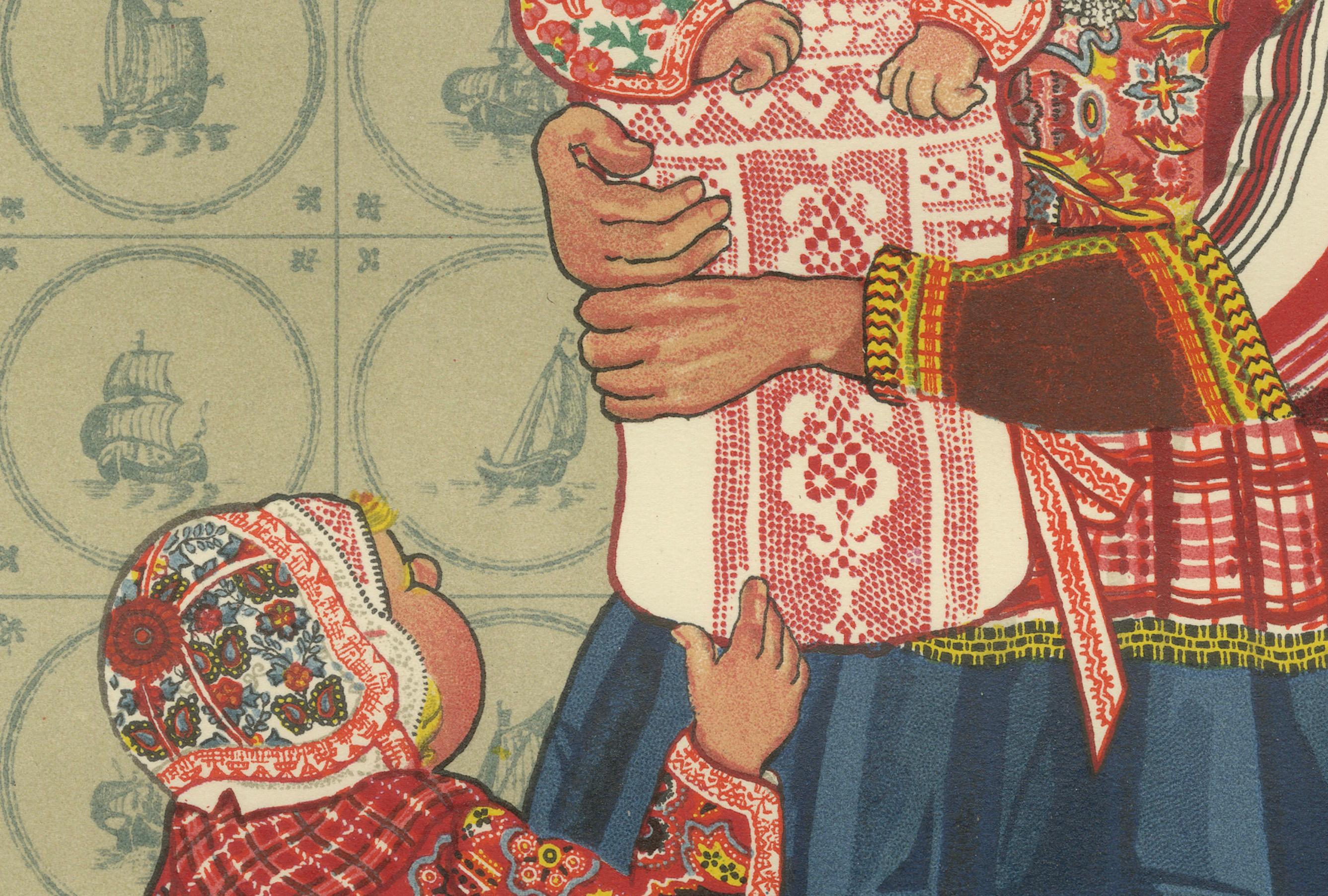 Traje tradicional holandés de mujer y niño de Marken - Grabado antiguo de trajes, 1932 en Bueno estado para la venta en Langweer, NL