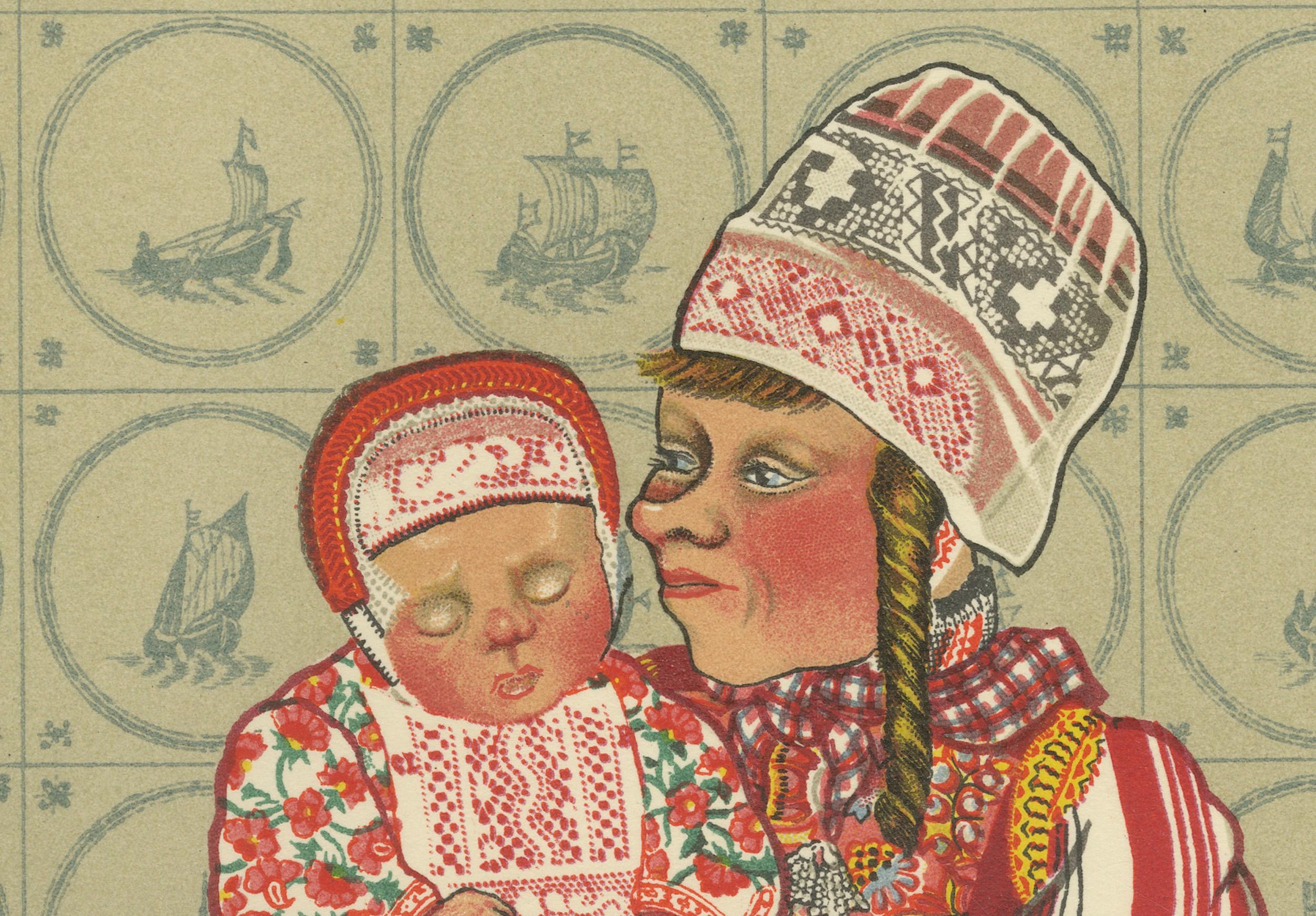 Traje tradicional holandés de mujer y niño de Marken - Grabado antiguo de trajes, 1932 mediados del siglo XX en venta