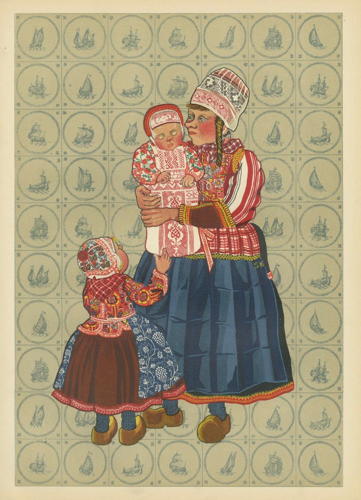 Traje tradicional holandés de mujer y niño de Marken - Grabado antiguo de trajes, 1932 Papel en venta