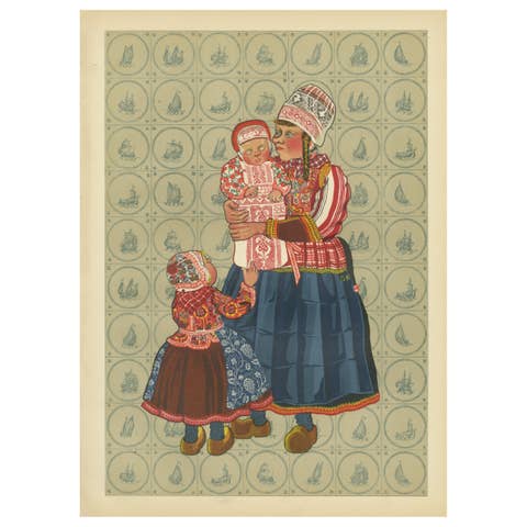 Dutch Women and Infant Traditional Dress from Marken – Old Costume Print, 1932