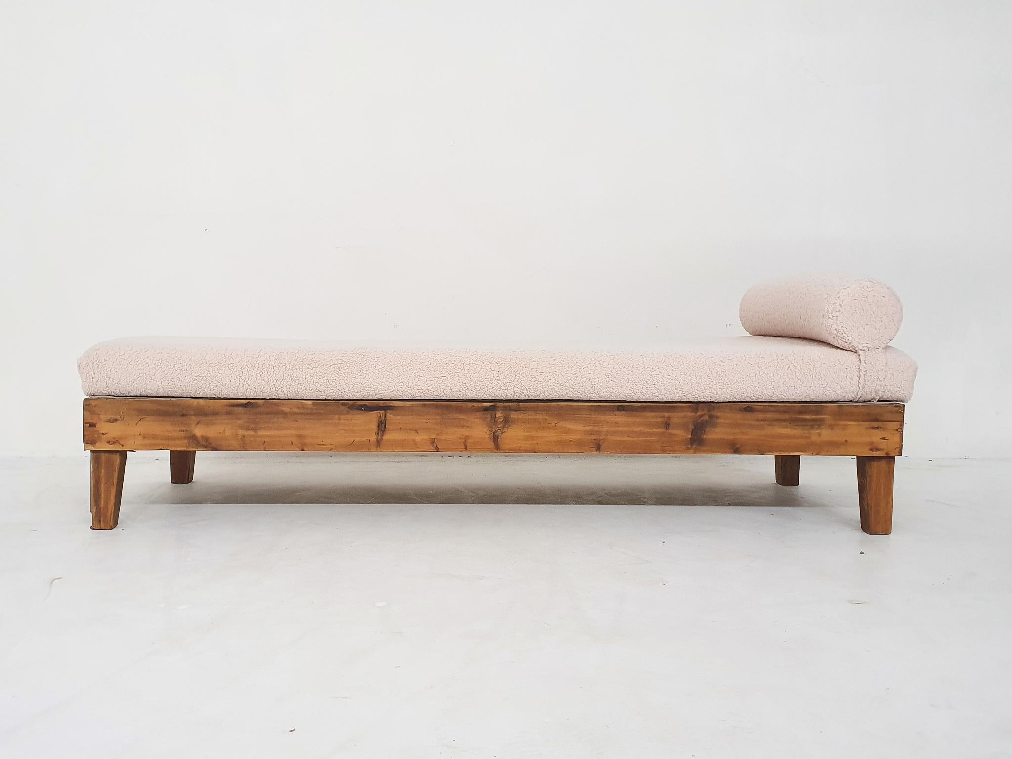 Bohemian Dutch Wooden Daybed with Teddy Upholstery, 1940's