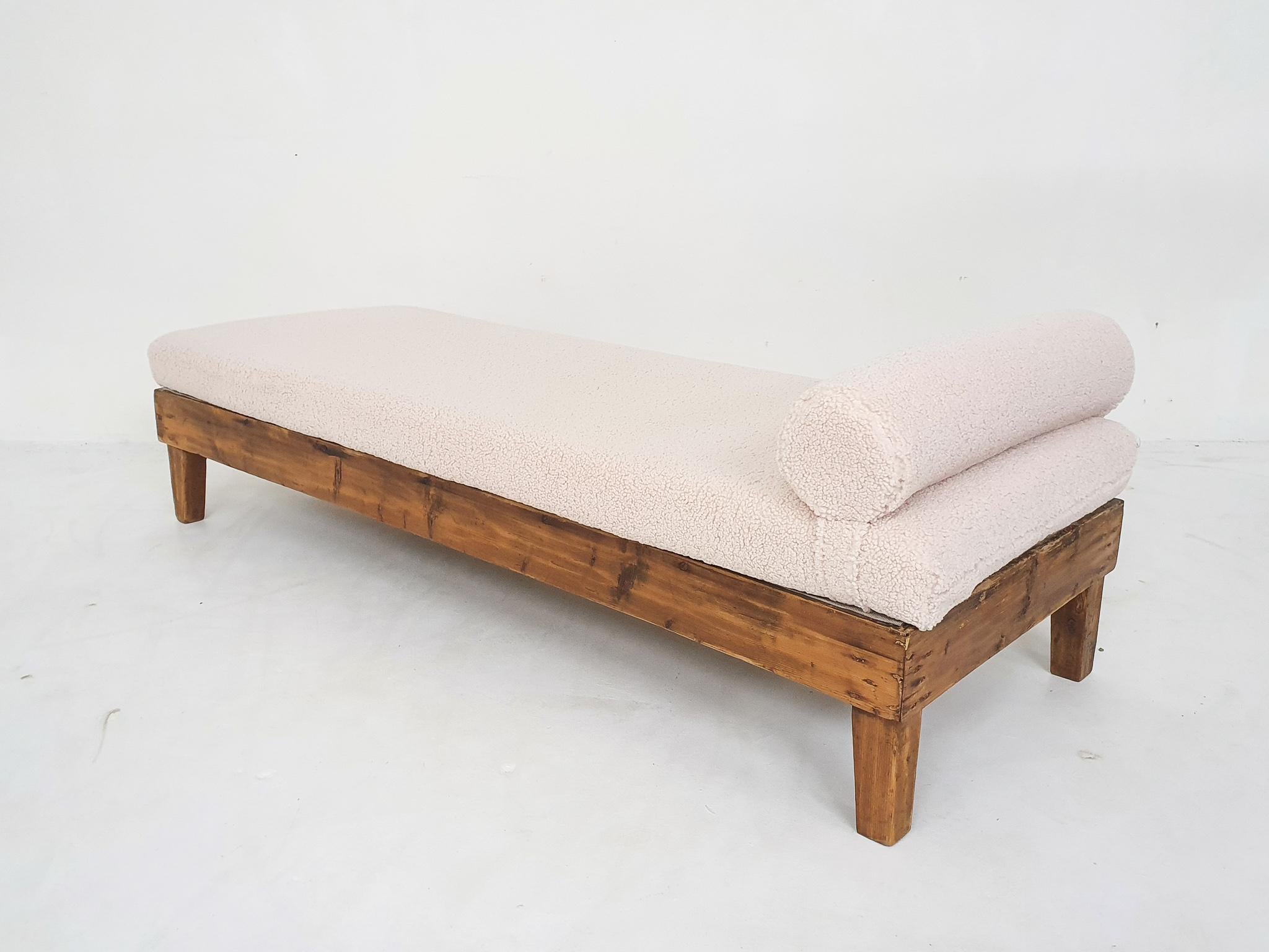 Fabric Dutch Wooden Daybed with Teddy Upholstery, 1940's