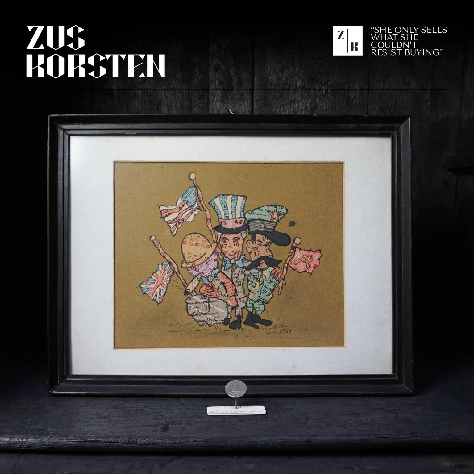 A very remarkable collection of Folk Art caricatures made of Dutch ration 'food stamps.' 

First caricature portrays a fat Hermann Go¨ring holding a ceremonial Baton. Signed 'Guust 45' (Guust is a typical mid-20th century surname).
Size: W 32 cm