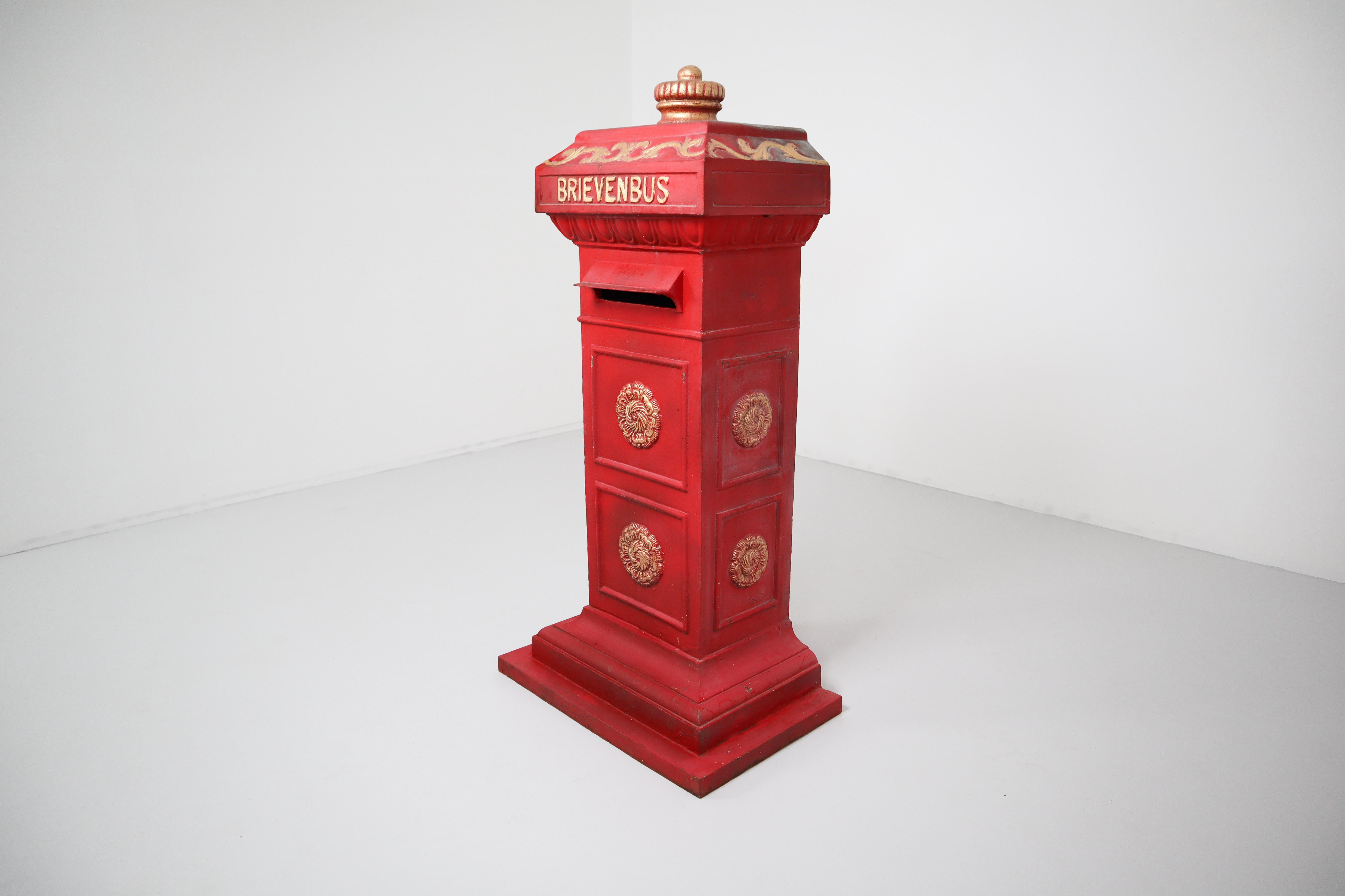 Duth Iron Mailbox in Red and Gold Paint, the Netherlands, 20th Century 1