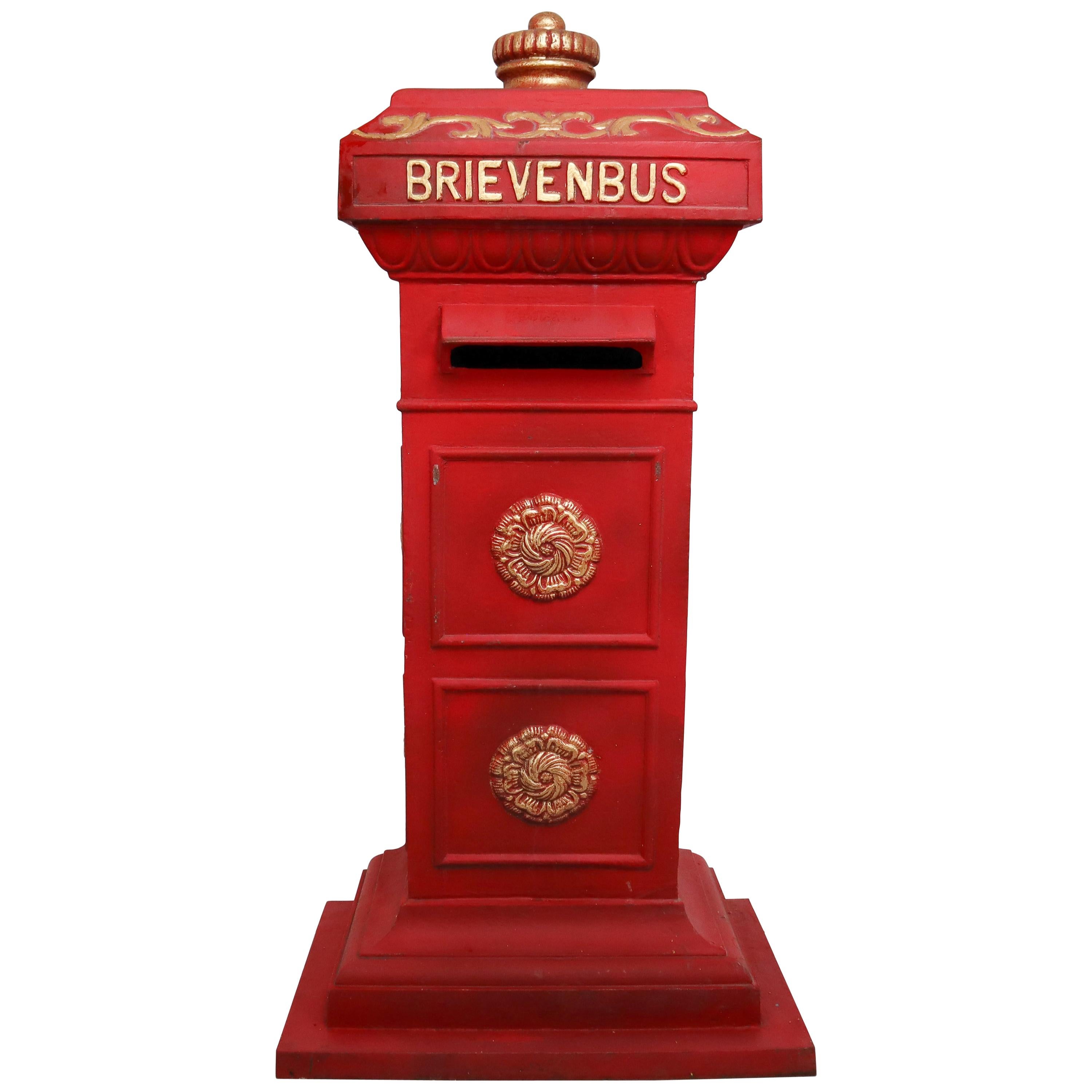 Duth Iron Mailbox in Red and Gold Paint, the Netherlands, 20th Century
