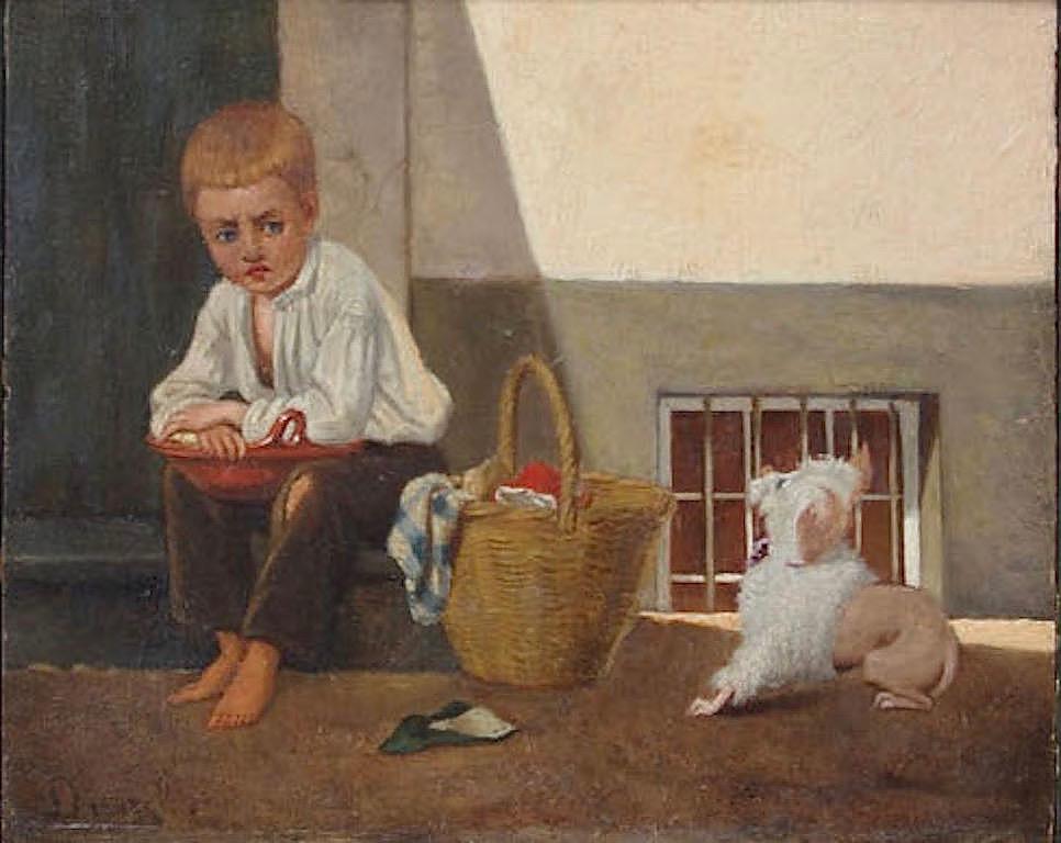 French Duval, « Boy and his dog », Oil on panel, late 19th century