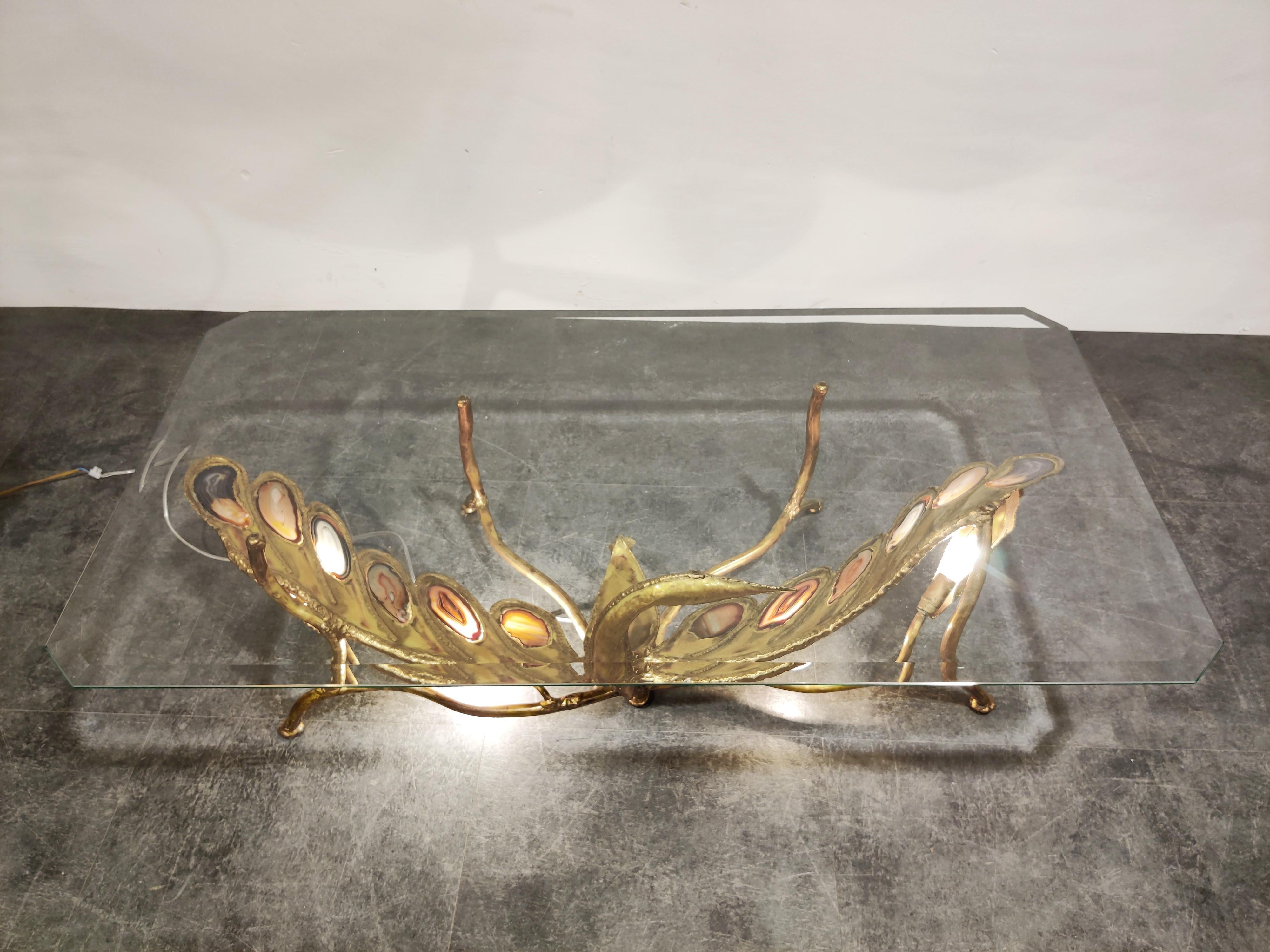 Illuminating brass and agate coffee table, very much in the style of Duval Brasseur. 

Sculptural bird design with agate detailing, featuring 3 lamp sockets and square glass top. (Glass can be customized, the shown glass is an