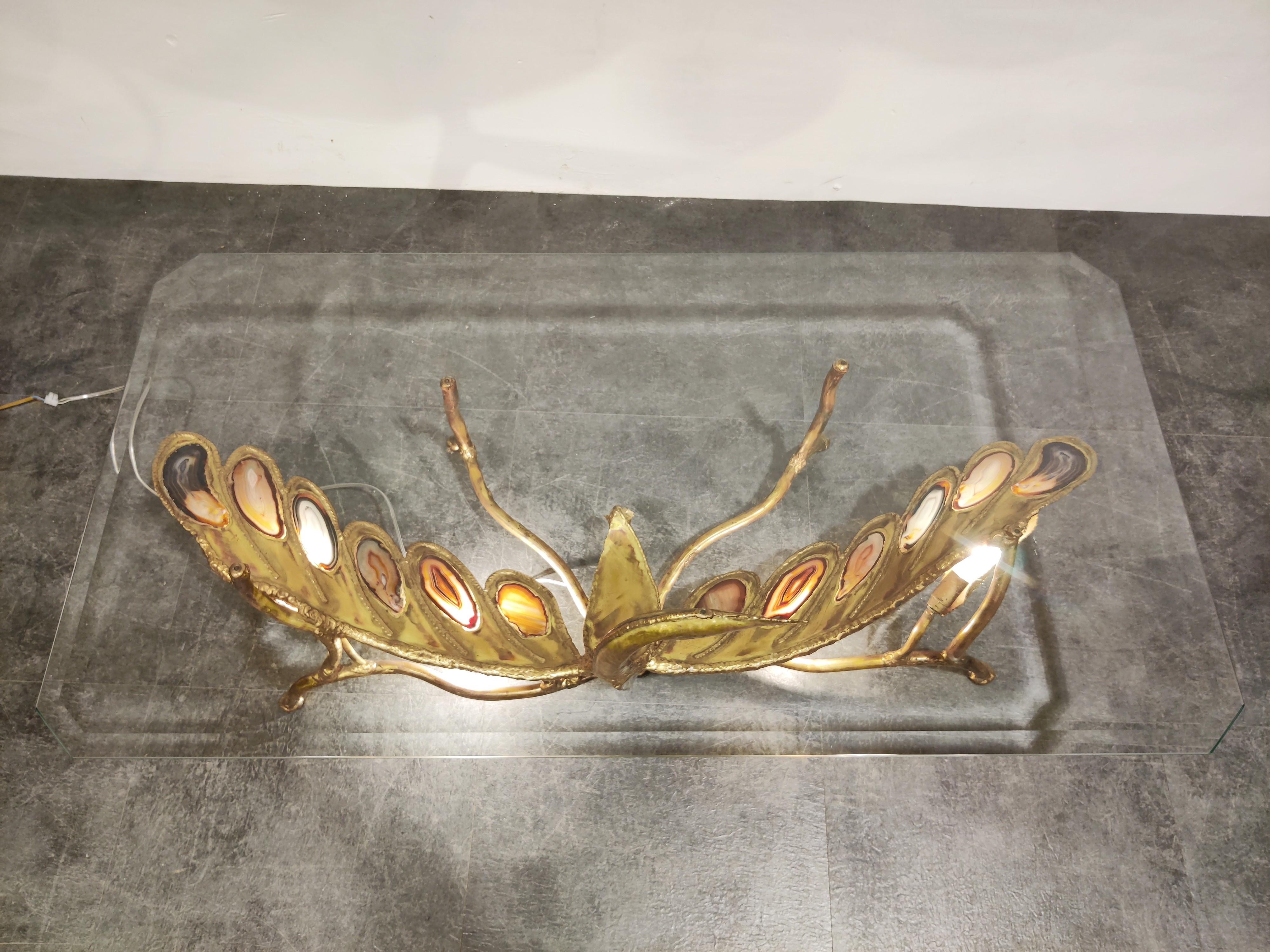 Hollywood Regency Duval Brasseur Era Illuminating Sculptural Bird Coffee Table in Agate and Brass