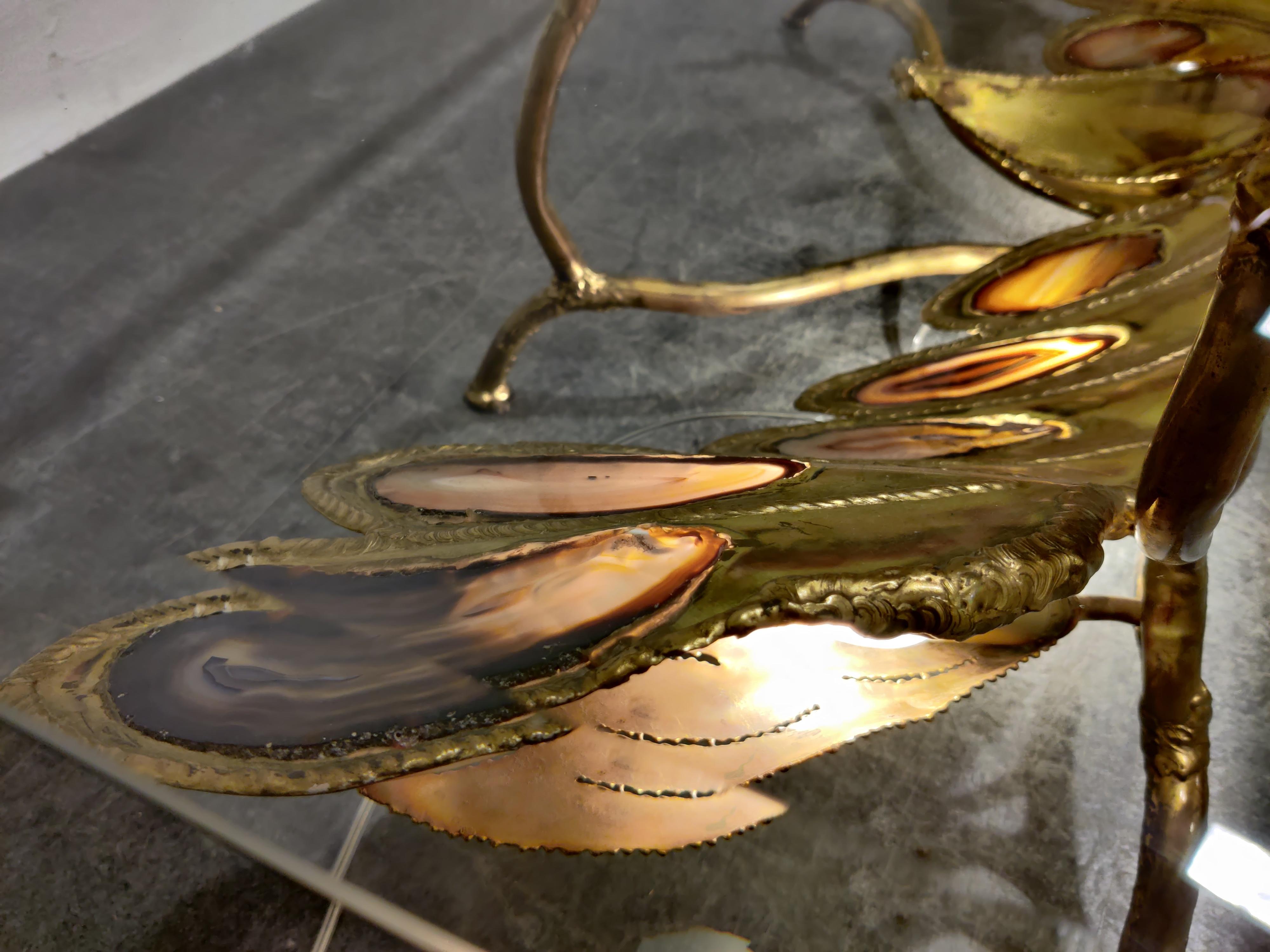 French Duval Brasseur Era Illuminating Sculptural Bird Coffee Table in Agate and Brass