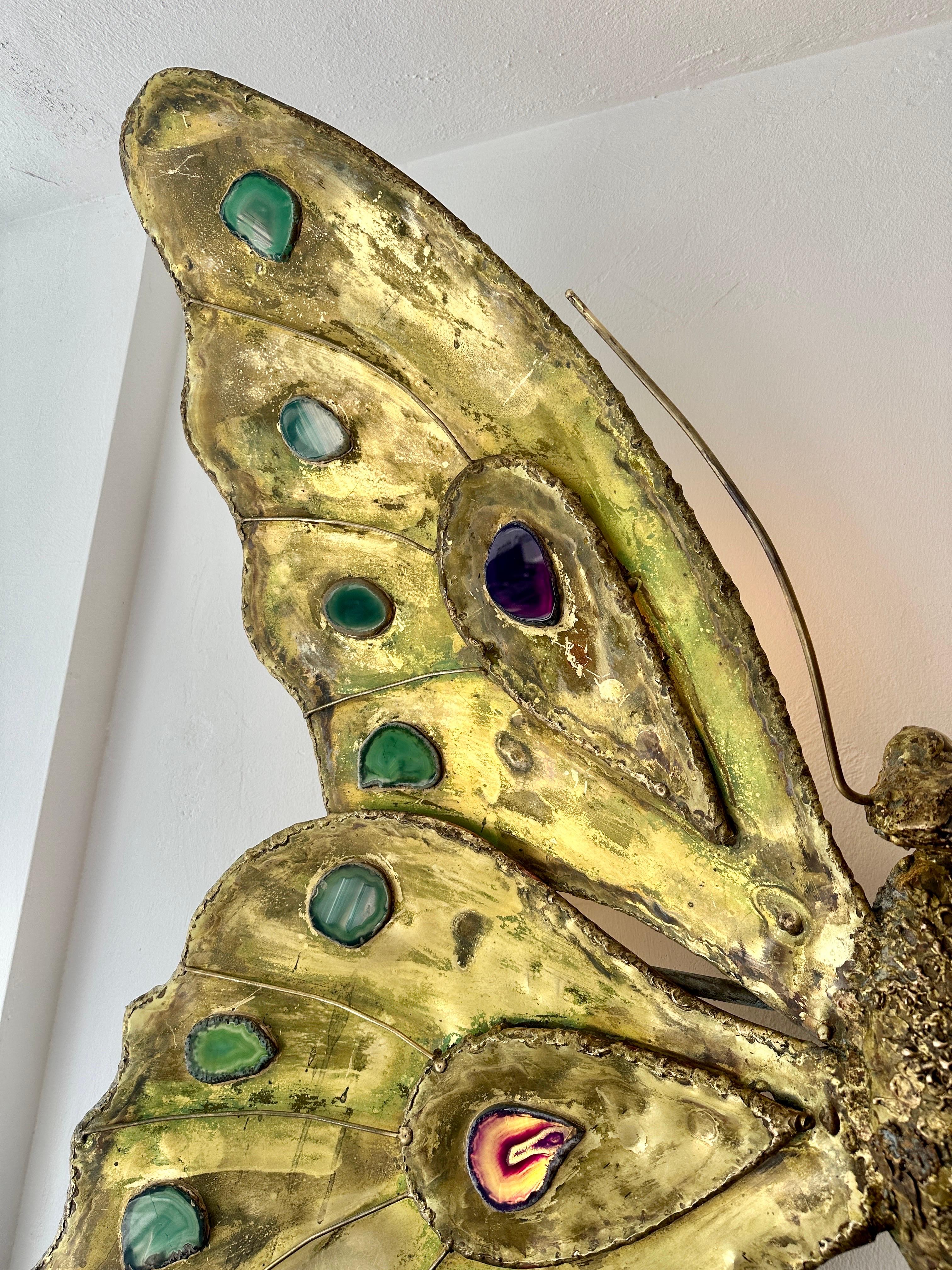 Mid-Century Modern Duval-Brasseur Extra-Large Brass & Agate Stones Butterfly Wall Sculpture/Light