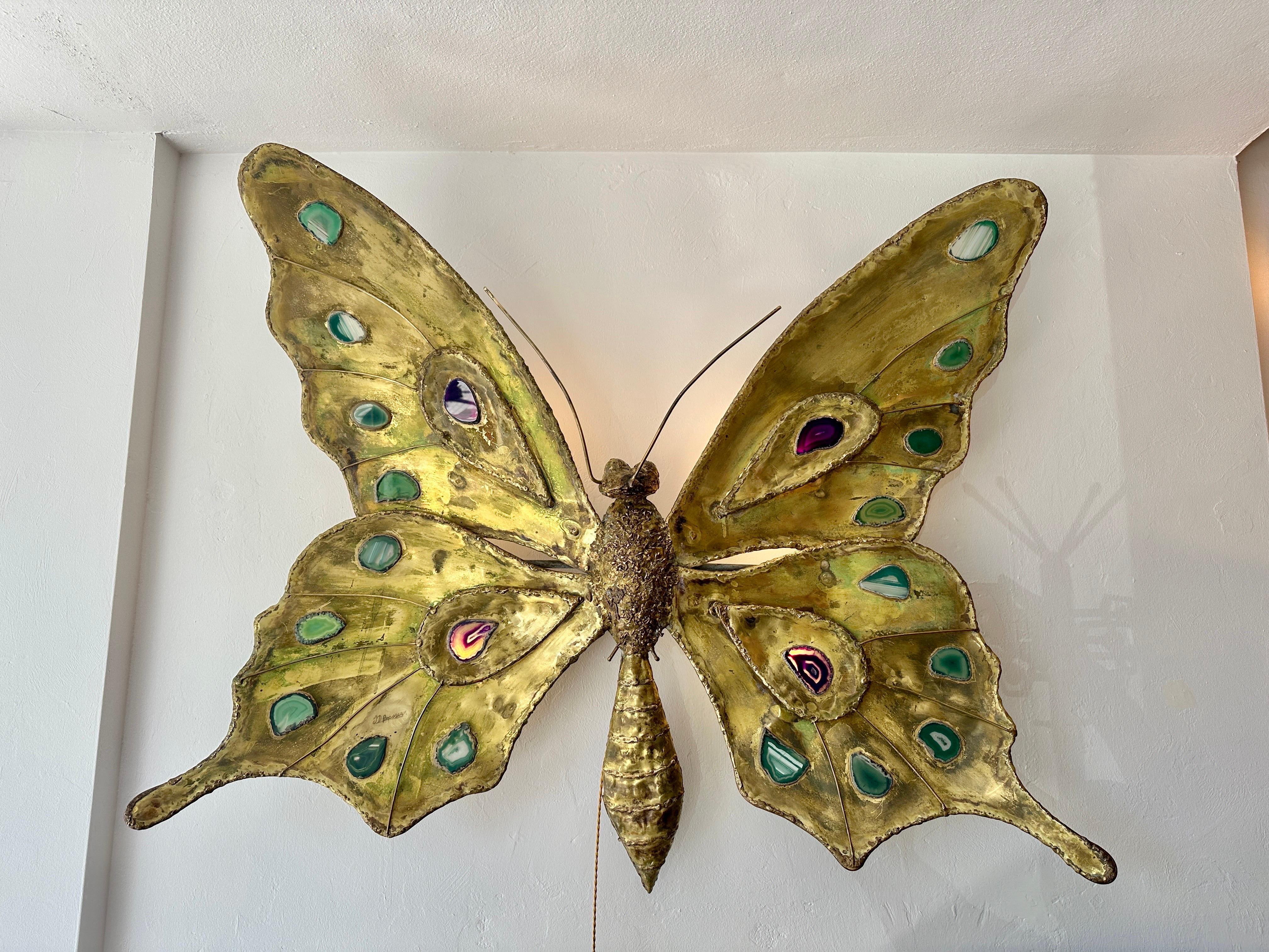 Duval-Brasseur Extra-Large Brass & Agate Stones Butterfly Wall Sculpture/Light 2
