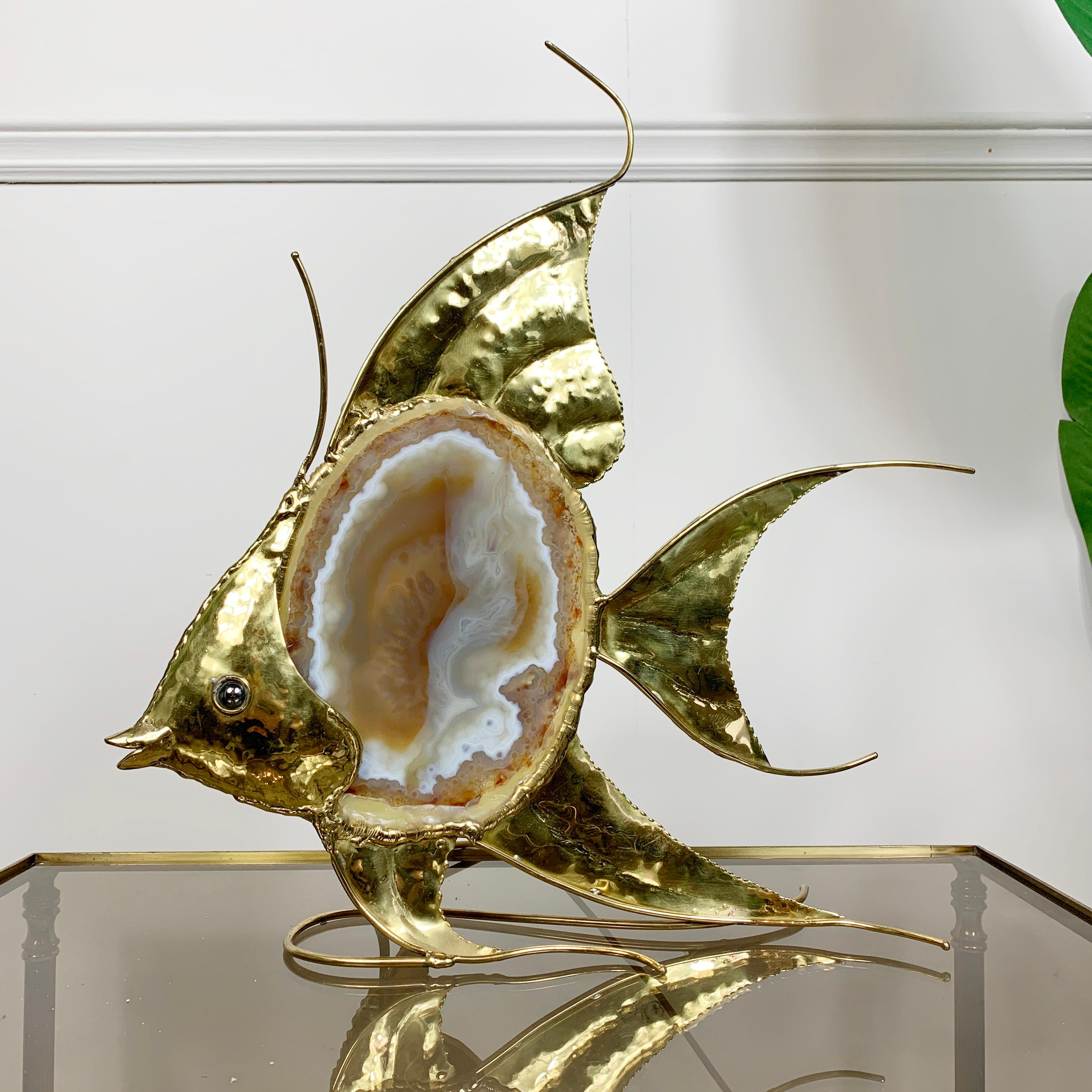 Grande lampe poisson d'ange Duval Brasseur en agate dorée en vente 1