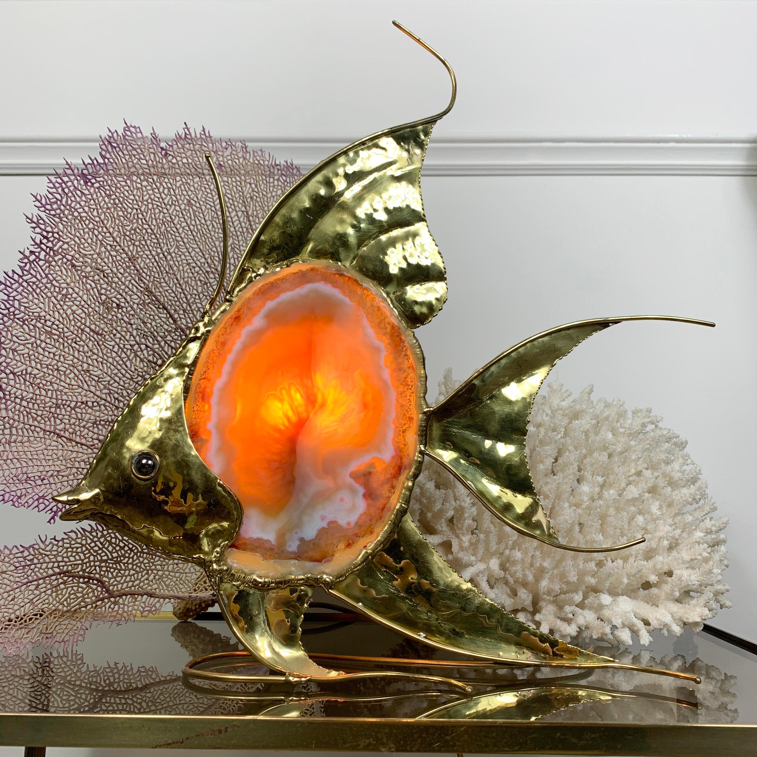 Anodized Duval Brasseur Large Gold Agate Angel Fish Lamp For Sale