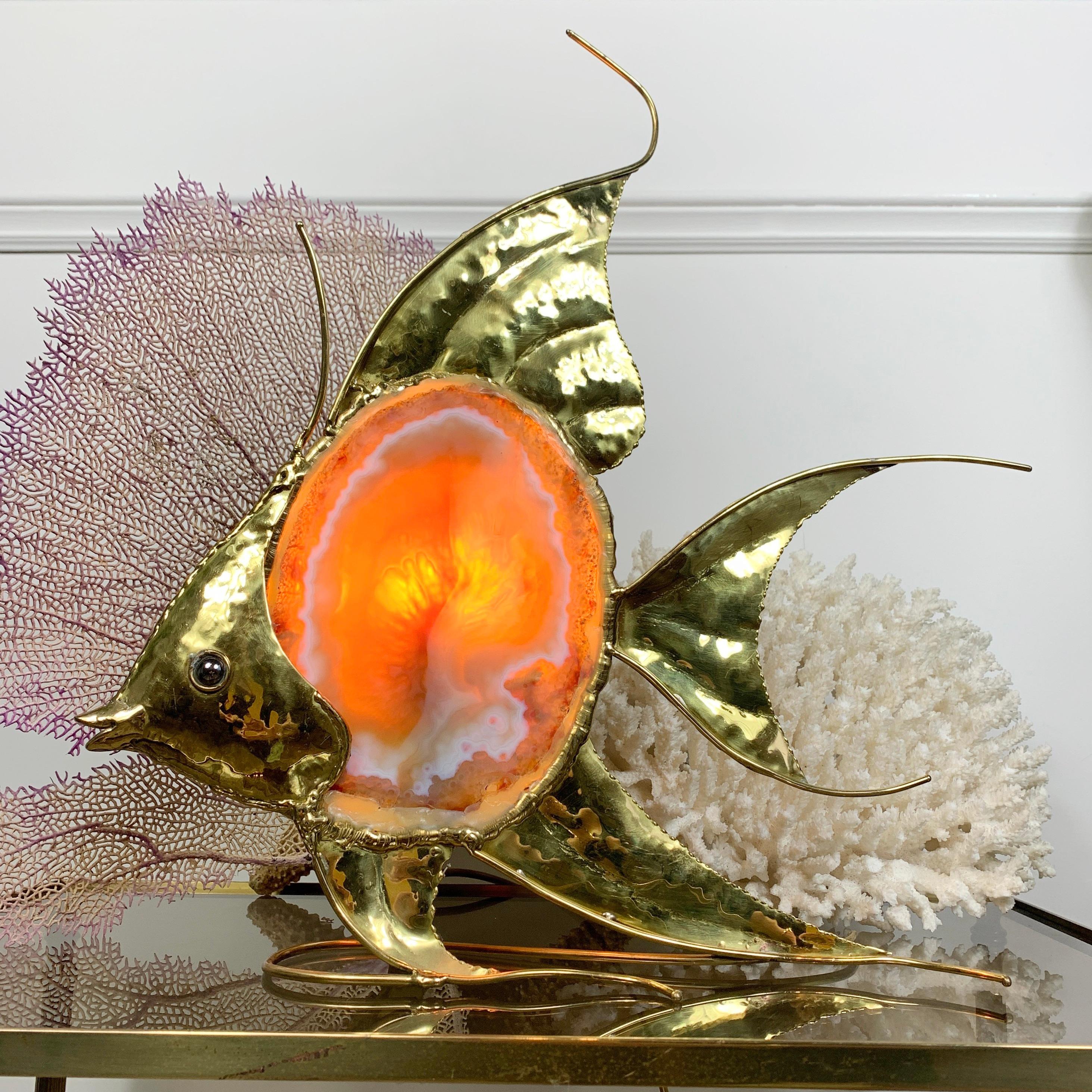 Grande lampe poisson d'ange Duval Brasseur en agate dorée en vente 3