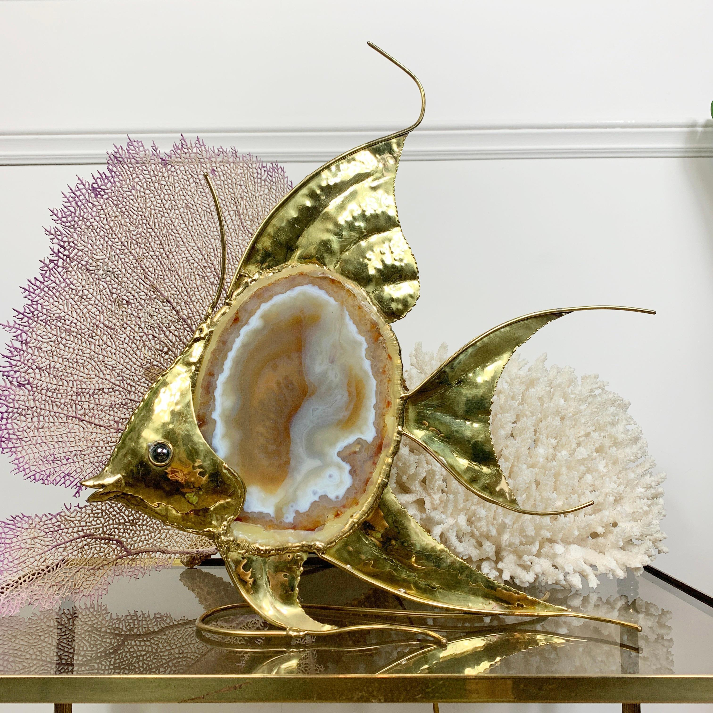 Brutalisme Grande lampe poisson d'ange Duval Brasseur en agate dorée en vente