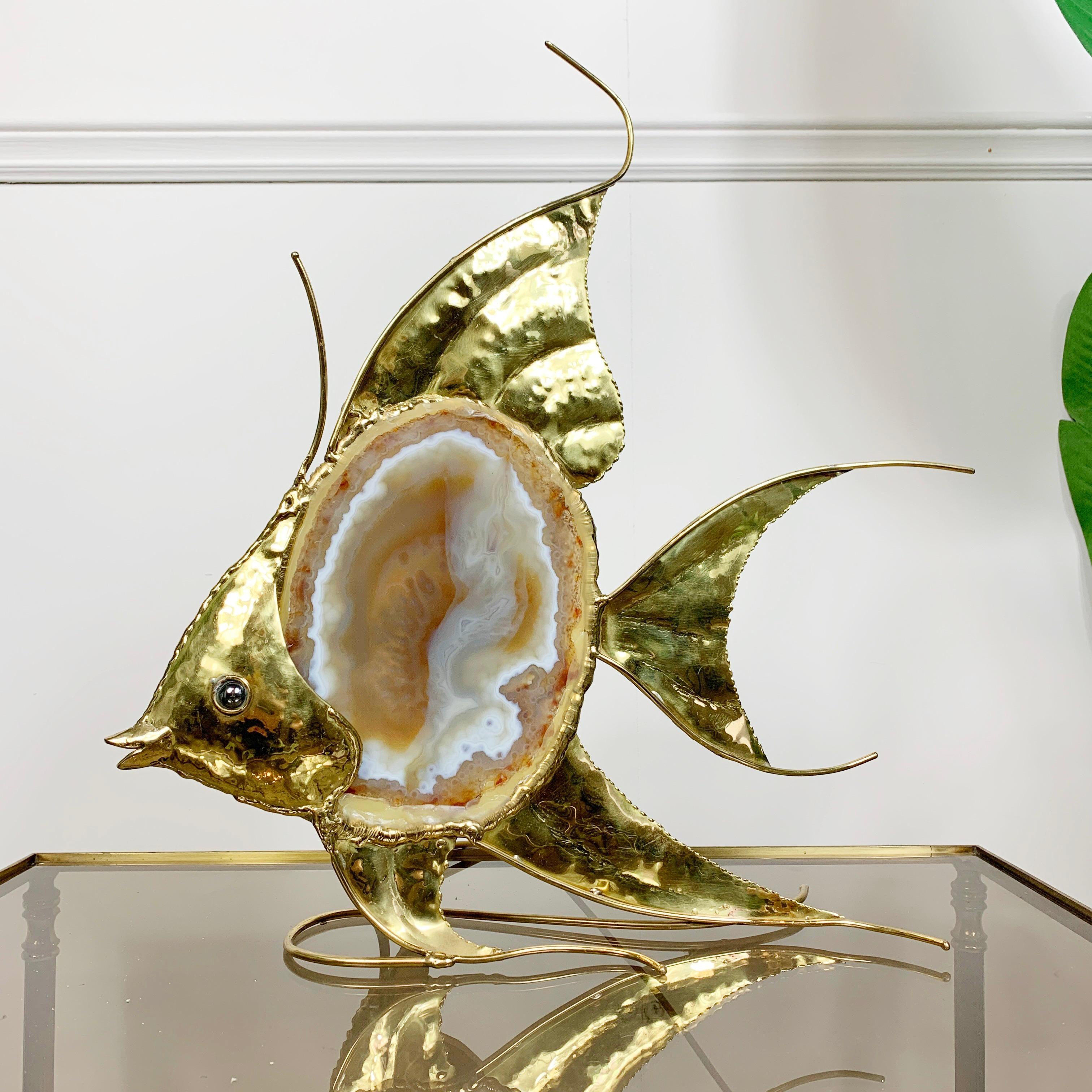 Laiton Grande lampe poisson d'ange Duval Brasseur en agate dorée en vente
