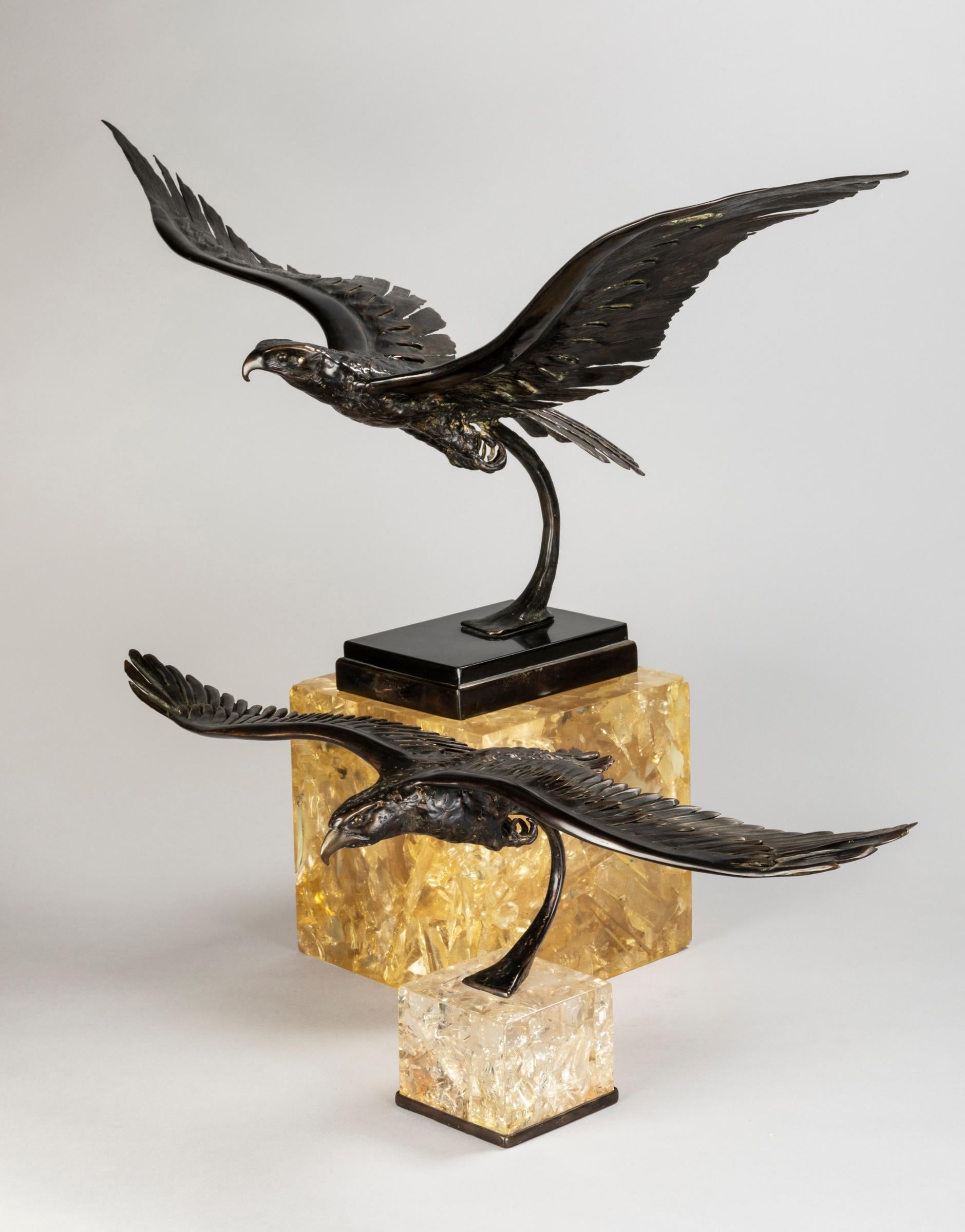 Deux superbes aigles volants en bronze posés sur des cubes de résine fractale (couleur légèrement champagne, or) Ces deux sculptures rares ont été créées par le célèbre artiste français Jacques Duval Brasseur qui s'est inspiré de la nature. Il aime