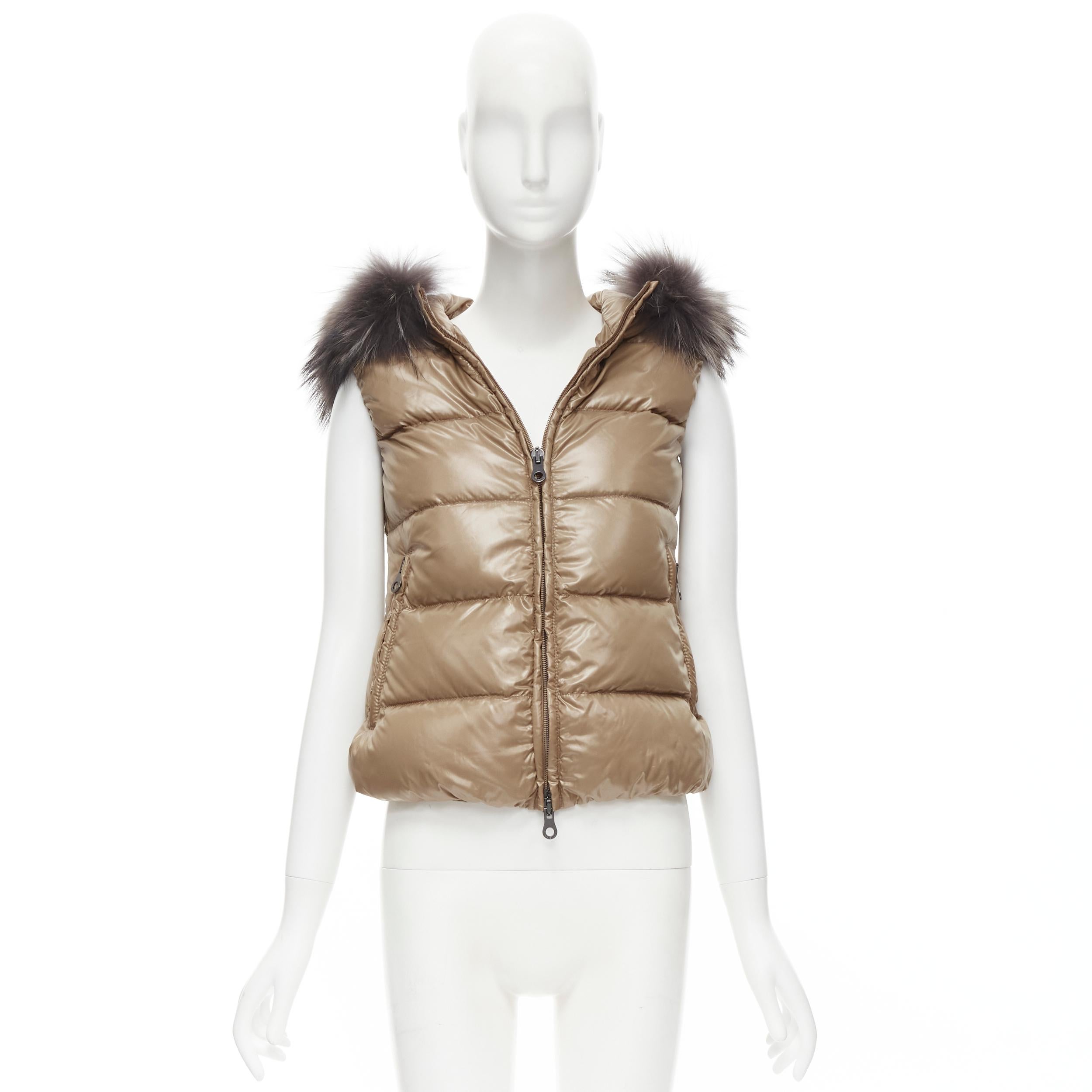 DUVETICA Pure Goose New Down brown fur hood padded vest  jacket  IT38 XS For Sale 4