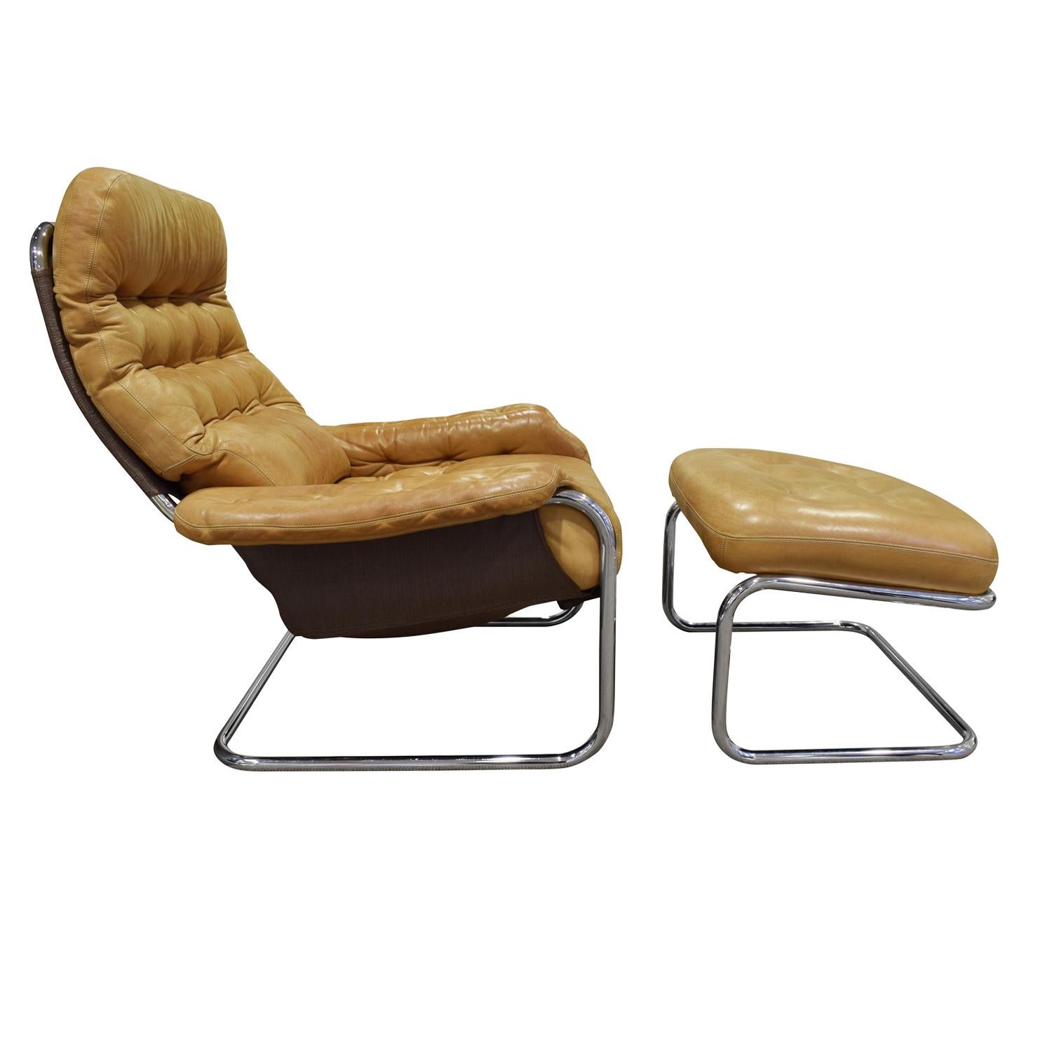 Lounge chair and ottoman in polished chrome with button tufted leather upholstery by DUX, Sweden, 1980s. This chair is chic and very comfortable.

Ottoman dimensions:

W 23.5 inches
D 19.5 inches
H 16 inches.