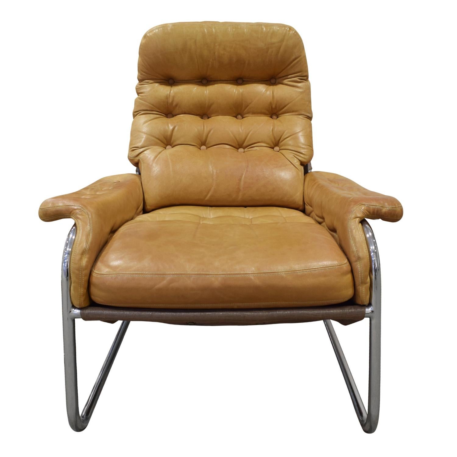 Scandinavian Modern DUX Chair and Ottoman in Polished Chrome and Leather Upholstery, 1980s