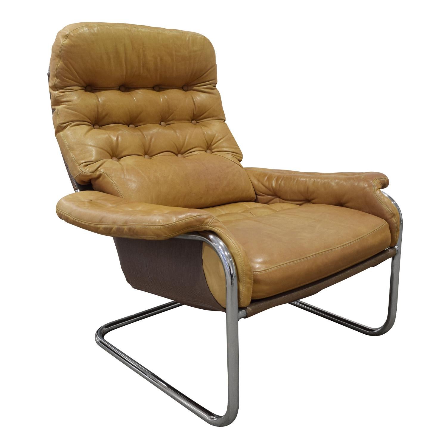 Swedish DUX Chair and Ottoman in Polished Chrome and Leather Upholstery, 1980s