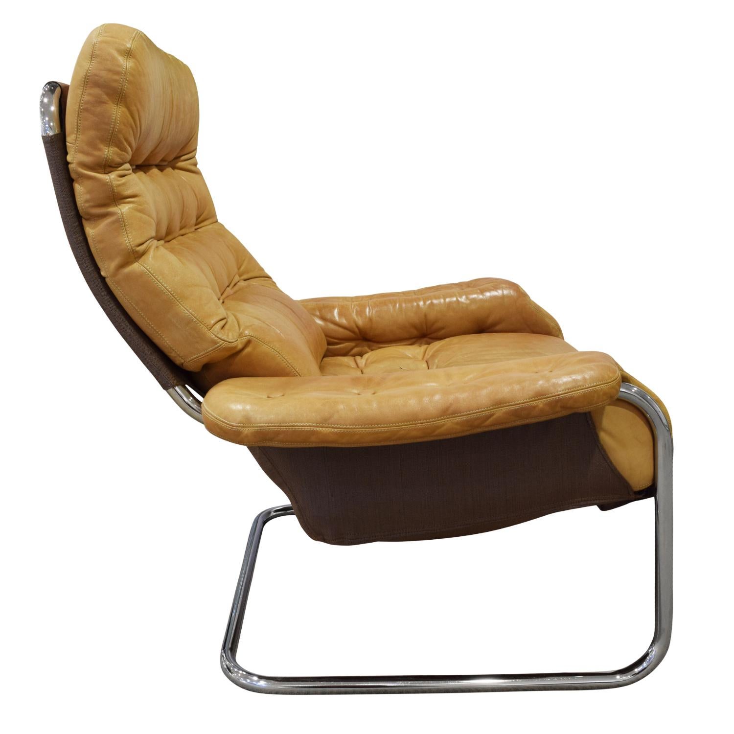 Hand-Crafted DUX Chair and Ottoman in Polished Chrome and Leather Upholstery, 1980s