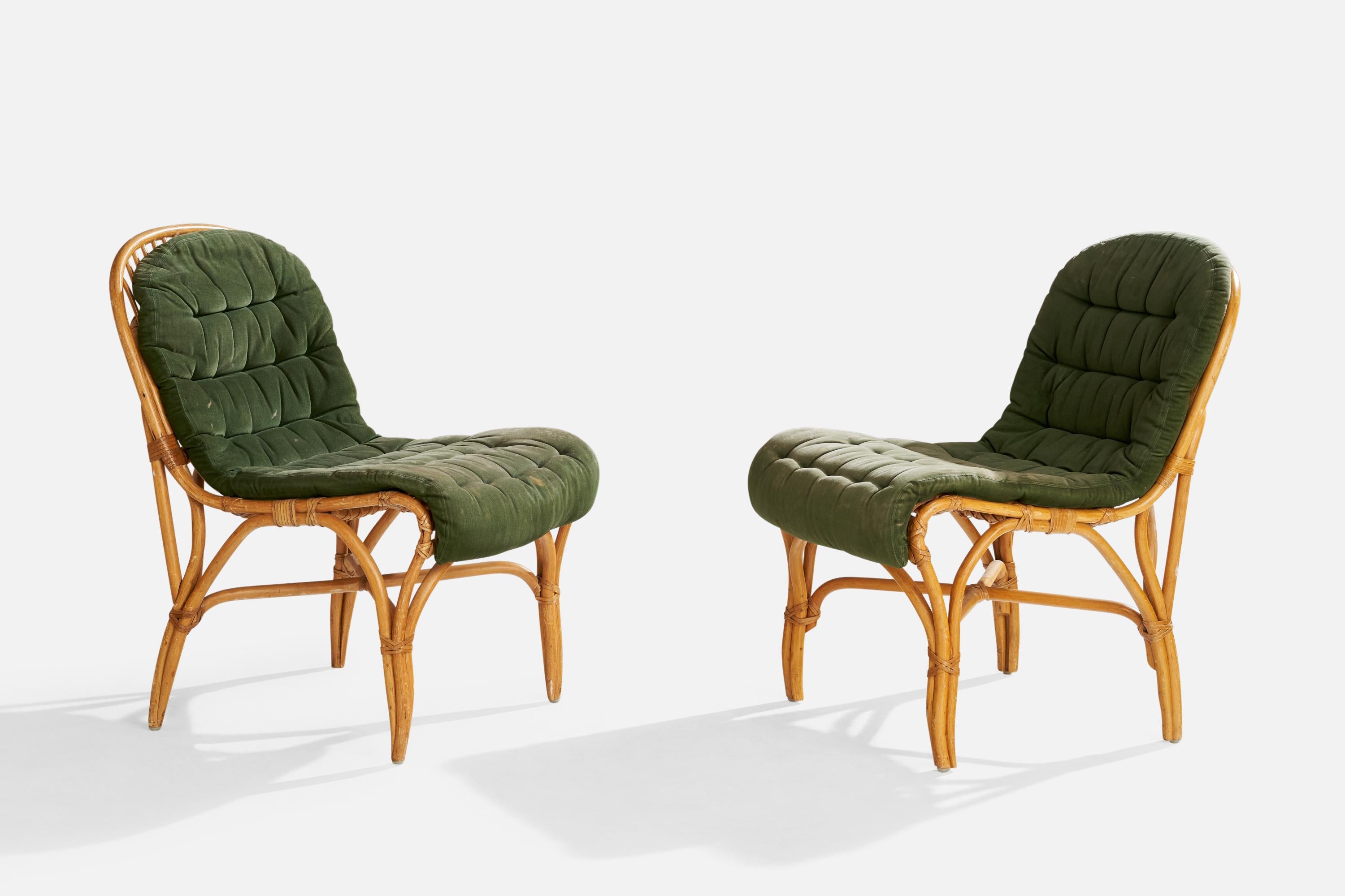 A pair of bamboo, rattan and green fabric lounge chairs or slipper chairs produced by Dux, Sweden, c. 1970s.

Dimensions: 30.7” H x 18.5” W x 26.5” D

Seat Height: 18”

All upholstered furniture can be reupholstered upon request for an additional