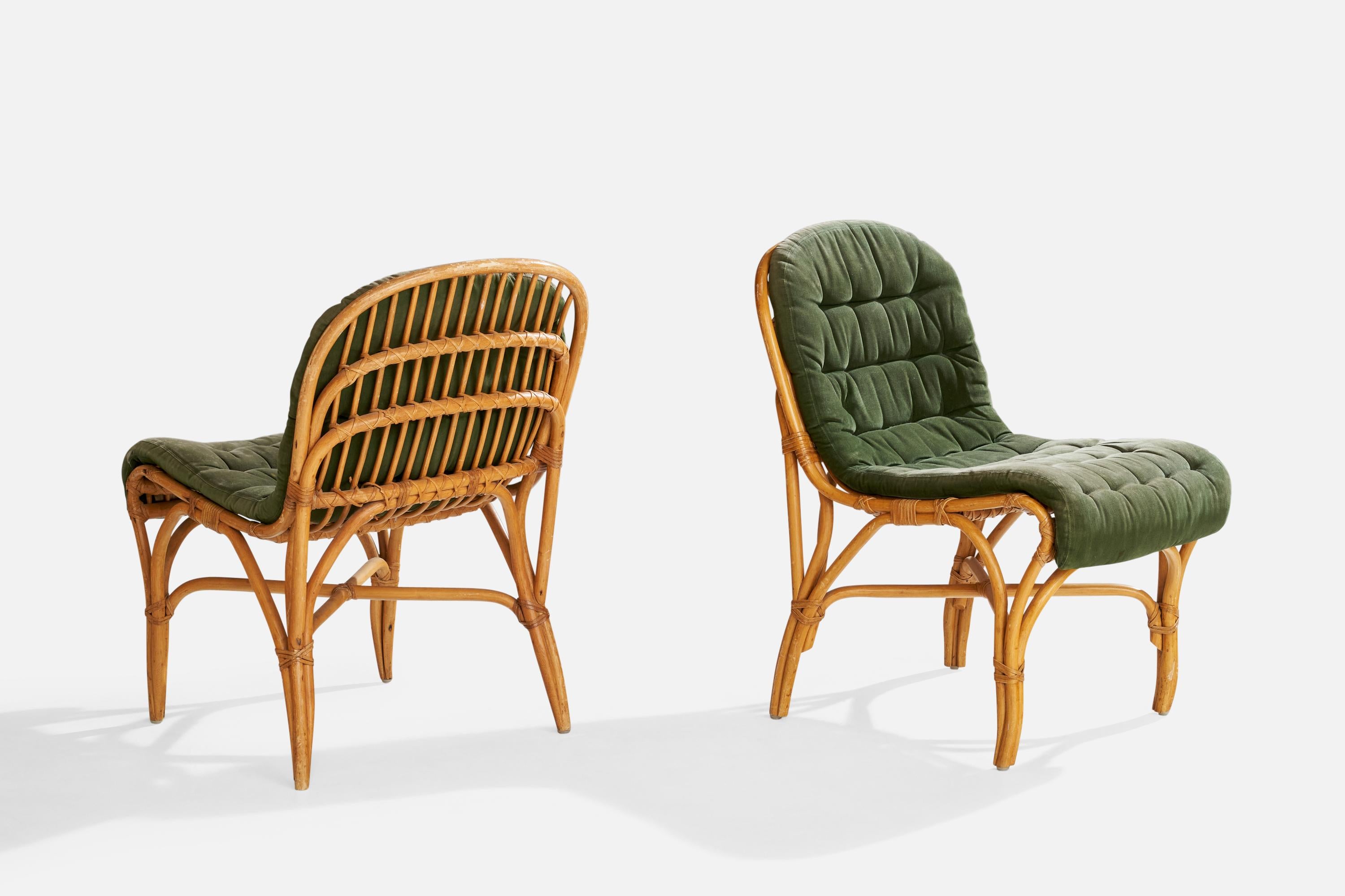 Scandinavian Modern Dux, Lounge Chairs, Bamboo, Rattan, Fabric, Sweden, 1970s For Sale