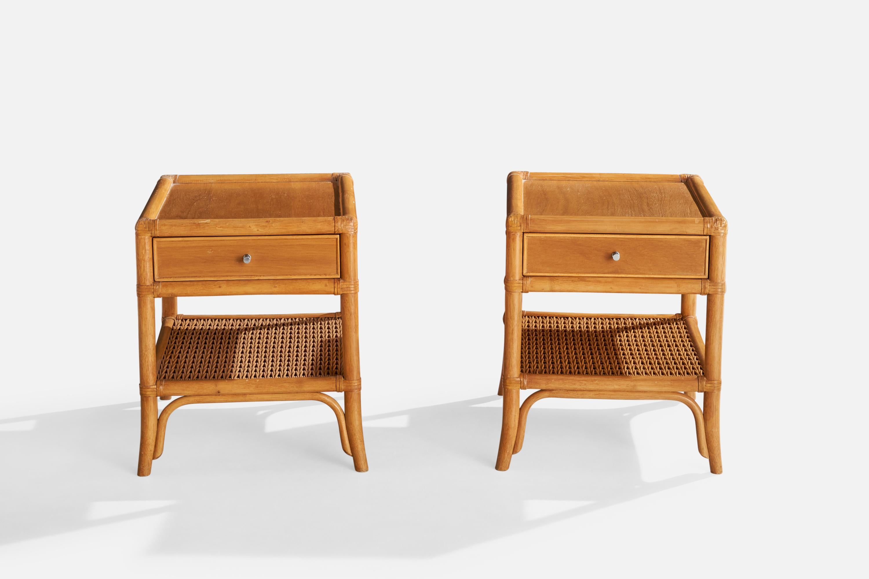 Scandinavian Modern Dux, Nighstands, Bamboo, Oak, Rattan, Metal, Sweden, 1960s For Sale