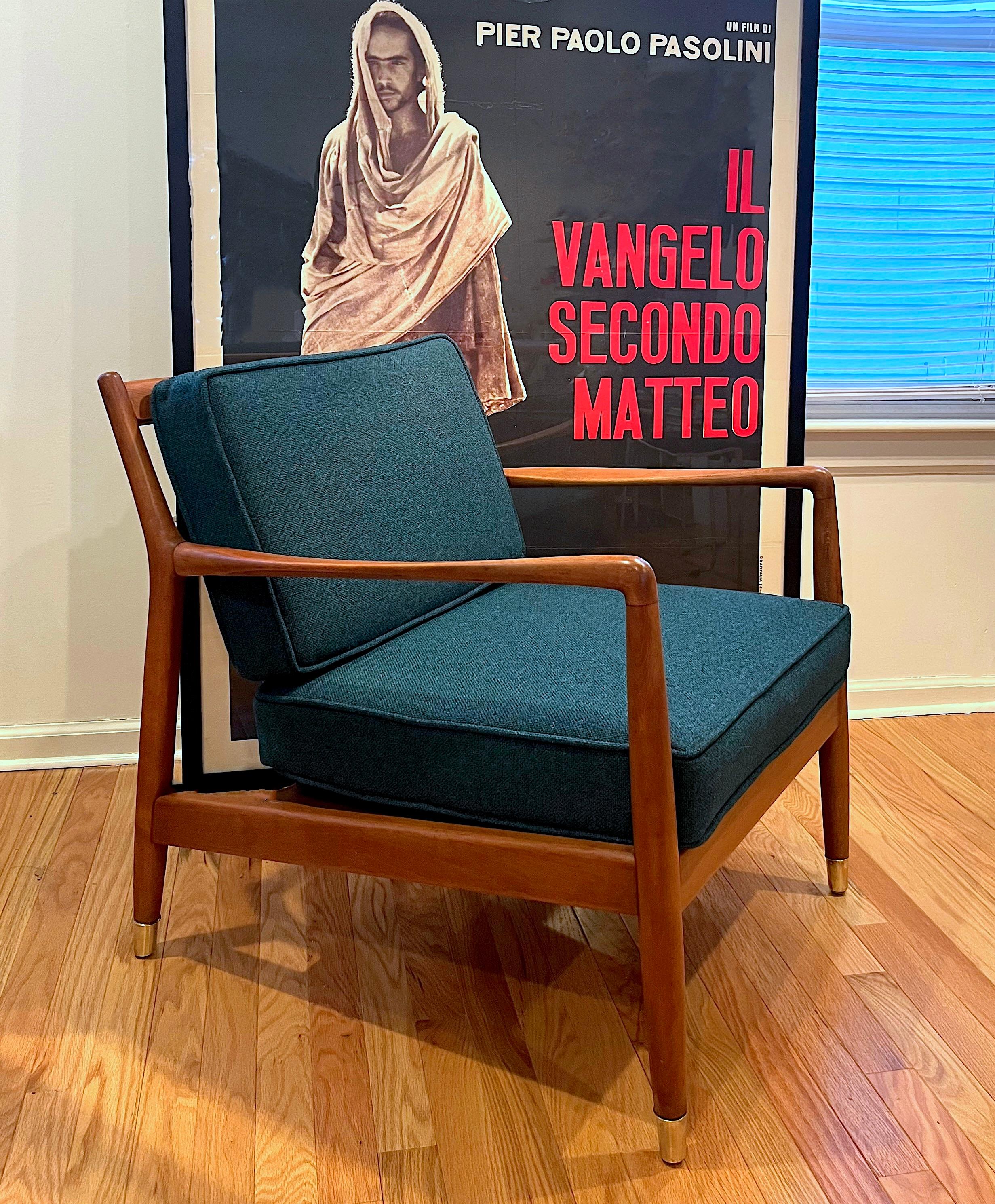 Dux of Sweden armchair in teak designed by Folke Ohlsson, the teak frame has smooth organic lines with a hand crafted look and feel. Newly refinished. Reupholstered in a dark blue/green tweed with new foam. Original makers mark sticker on bottom of