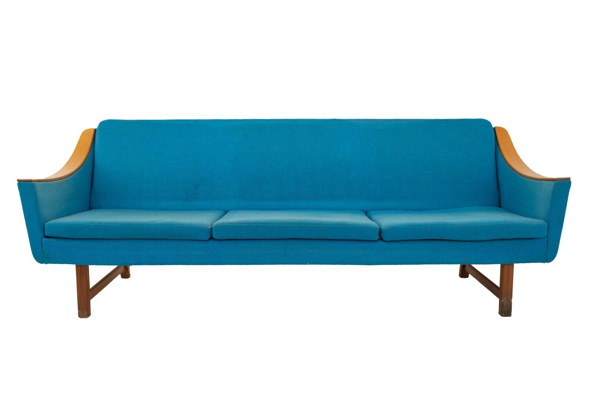 Dux style Mid Century teak and teal sleeper sofa
Sofa measures: 87 wide x 32 deep x 31.5 high, with seat height of 15.5 inches

All pieces of furniture can be had in what we call restored vintage condition. This means the piece is restored upon