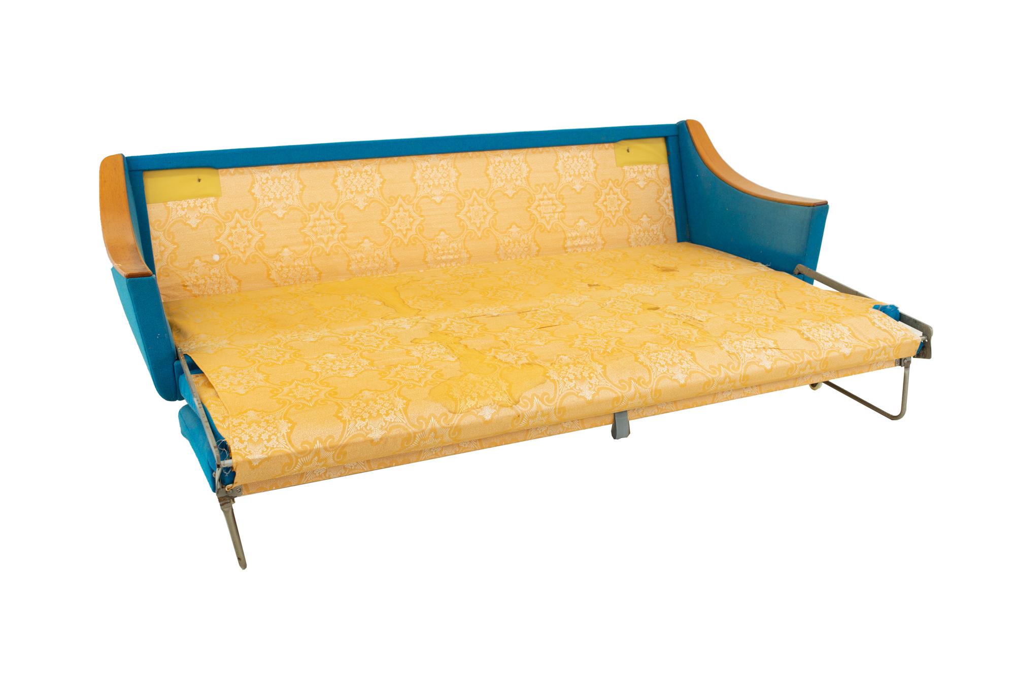 Swedish Dux Style Mid Century Teak and Teal Sleeper Sofa