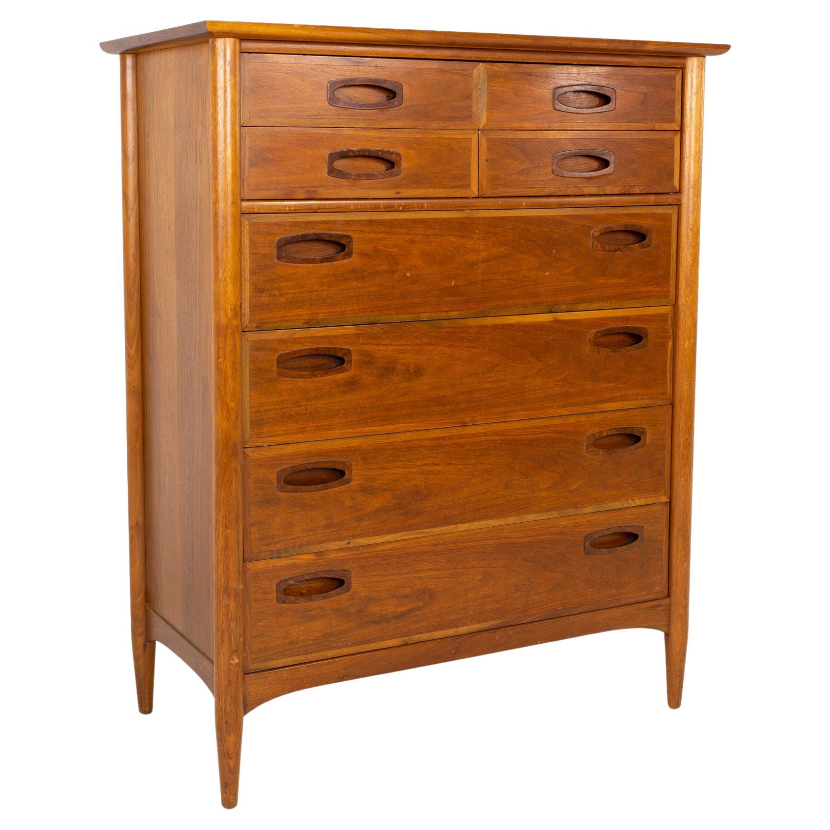 Dux Style Mid Century Walnut and Rosewood Handle 6 Drawer Highboy Dresser